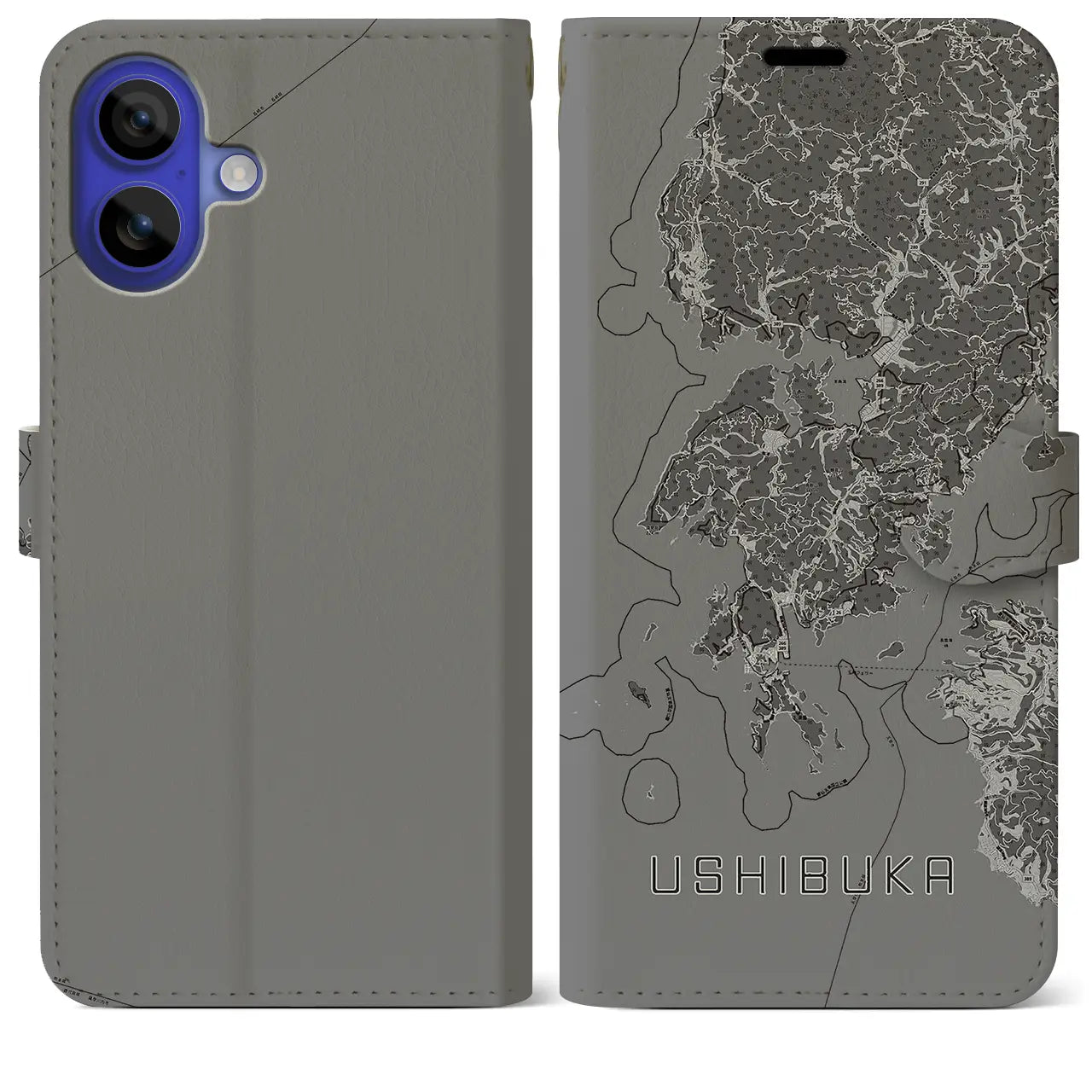 【牛深(熊本県)】地図柄iPhoneケース(手帳タイプ)モノトーン・iPhone 16 Pro Max 用