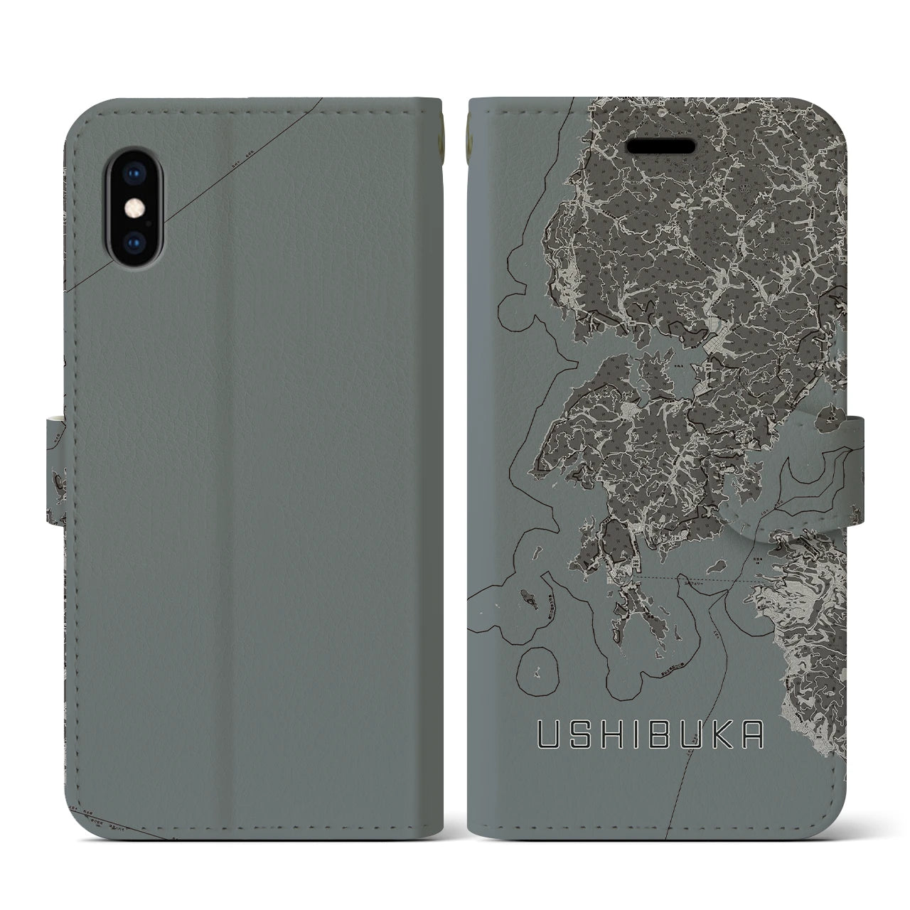 【牛深(熊本県)】地図柄iPhoneケース(手帳タイプ)モノトーン・iPhone XS / X 用