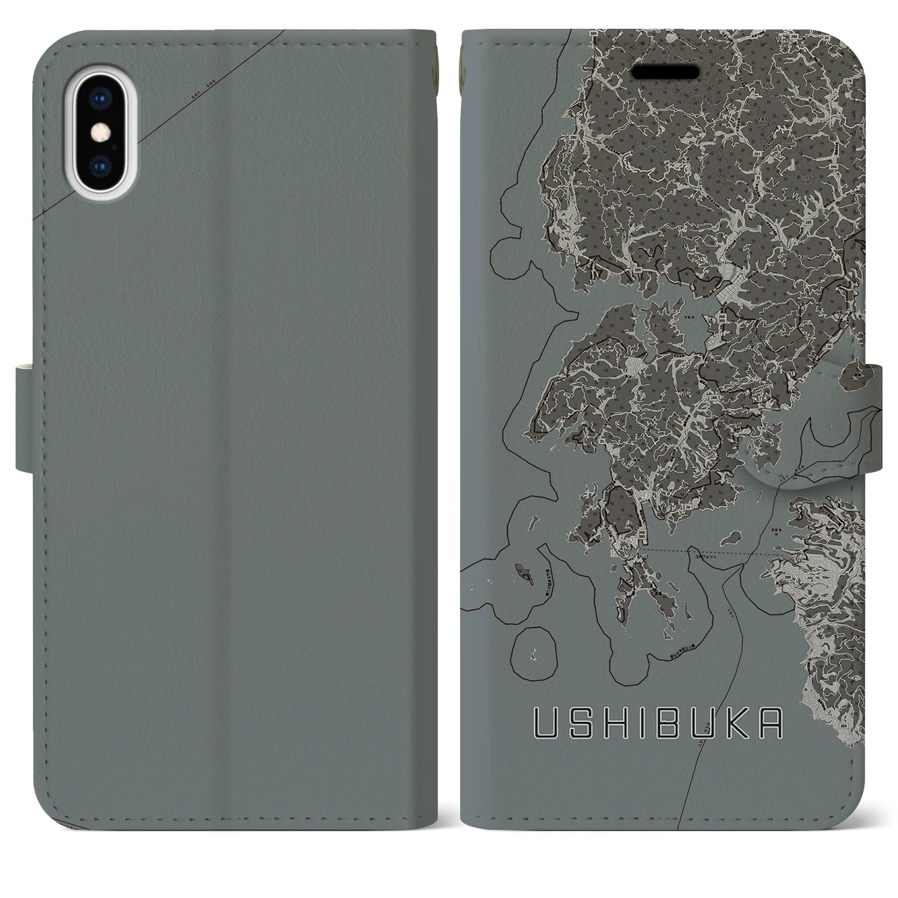 【牛深(熊本県)】地図柄iPhoneケース(手帳タイプ)モノトーン・iPhone XS Max 用