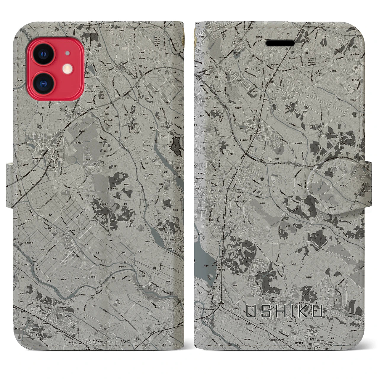 【牛久(茨城県)】地図柄iPhoneケース(手帳タイプ)モノトーン・iPhone 11 用