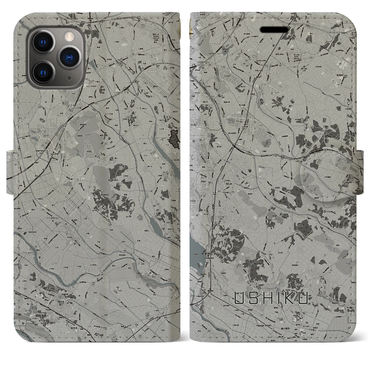 【牛久(茨城県)】地図柄iPhoneケース(手帳タイプ)モノトーン・iPhone 11 Pro Max 用