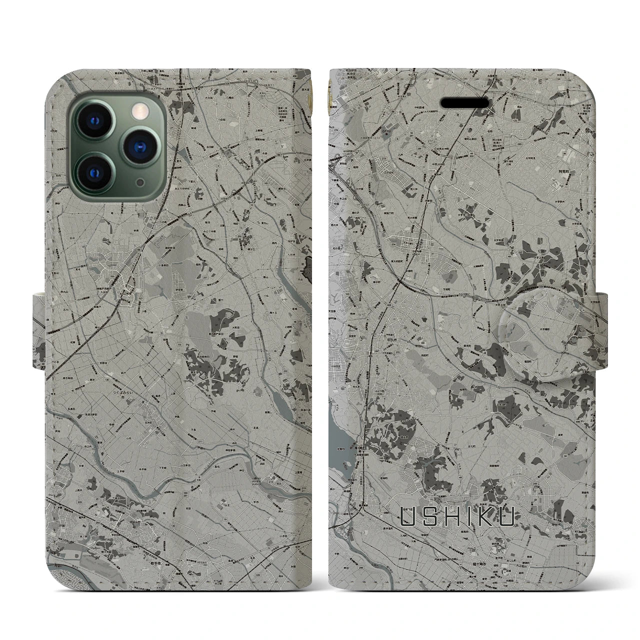 【牛久(茨城県)】地図柄iPhoneケース(手帳タイプ)モノトーン・iPhone 11 Pro 用