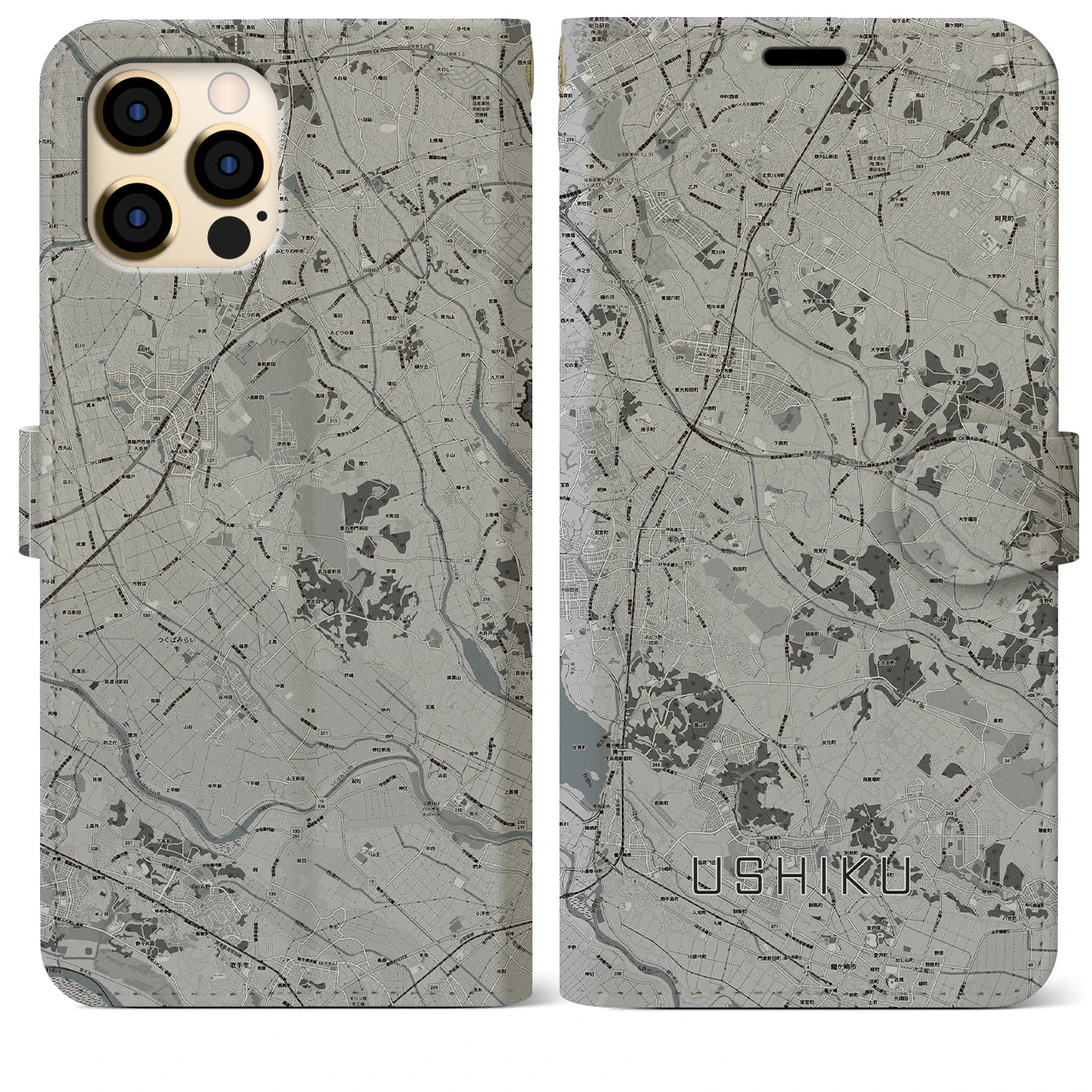【牛久(茨城県)】地図柄iPhoneケース(手帳タイプ)モノトーン・iPhone 12 Pro Max 用