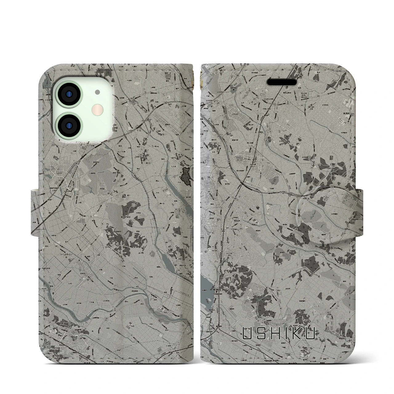 【牛久(茨城県)】地図柄iPhoneケース(手帳タイプ)モノトーン・iPhone 12 mini 用