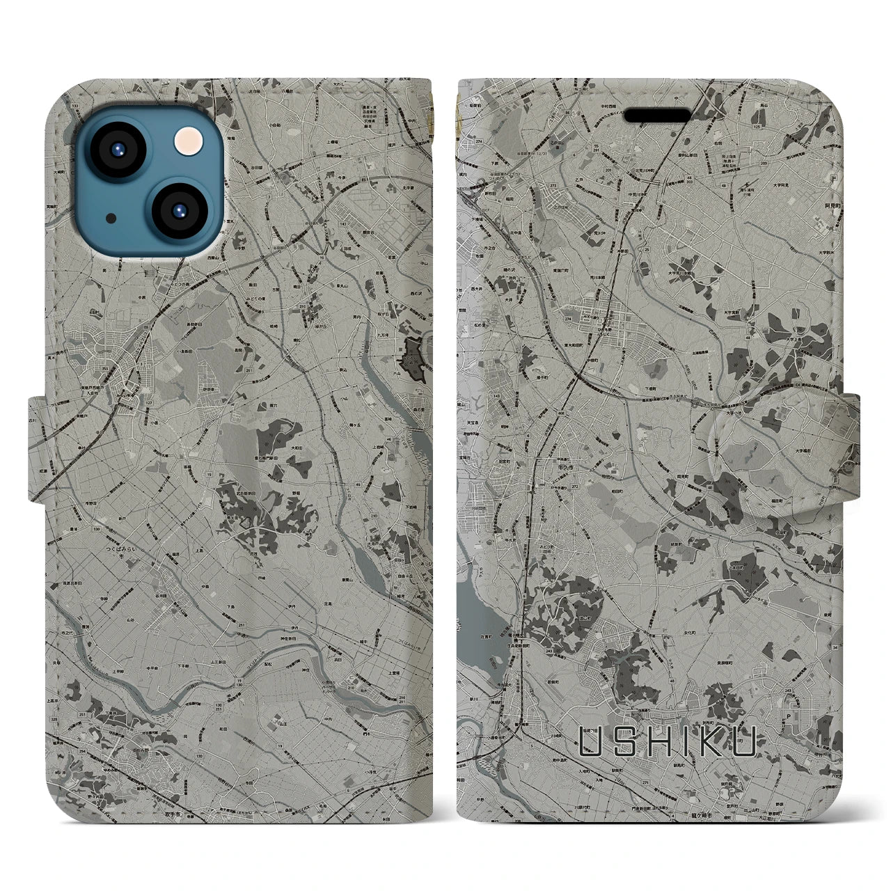 【牛久(茨城県)】地図柄iPhoneケース(手帳タイプ)モノトーン・iPhone 13 用