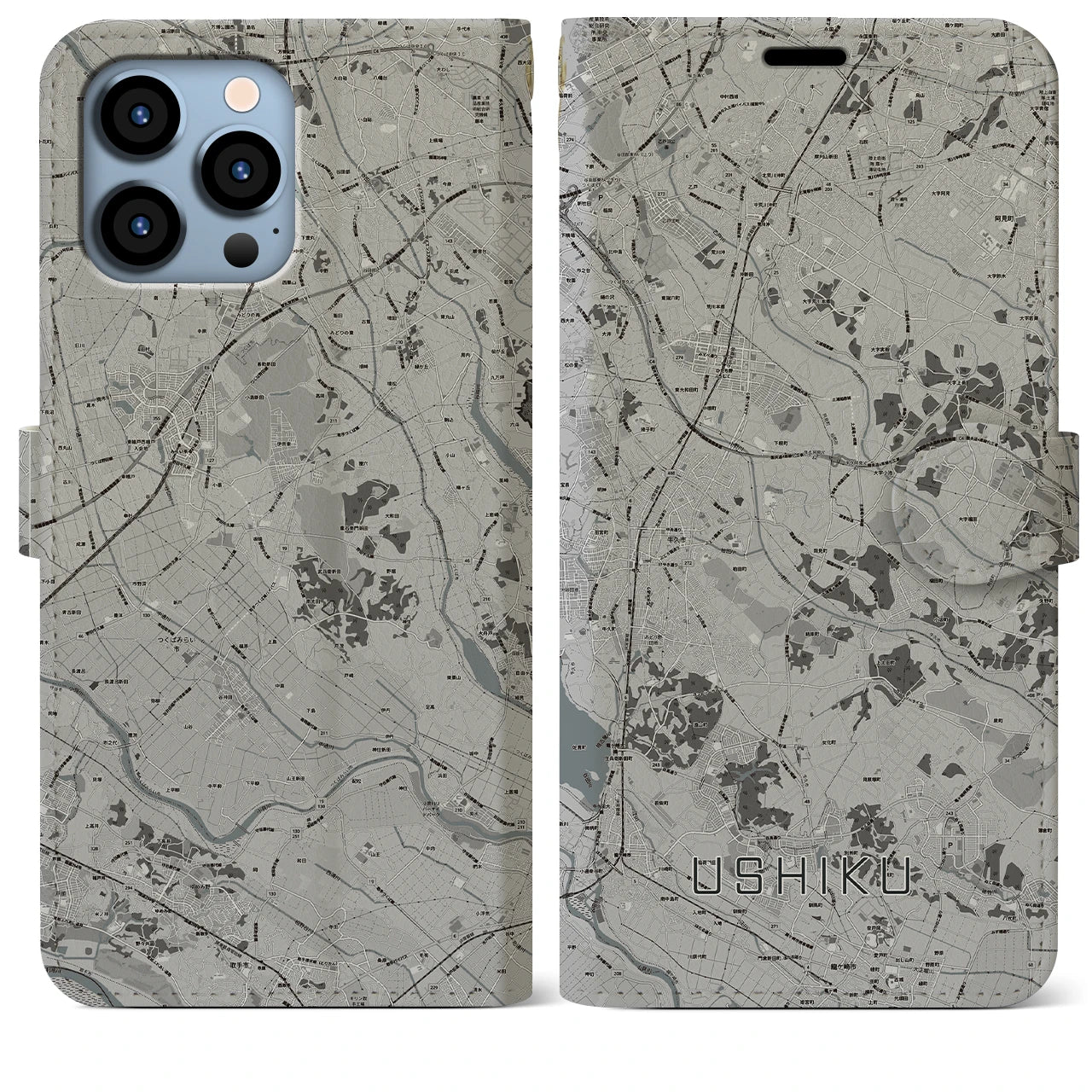 【牛久(茨城県)】地図柄iPhoneケース(手帳タイプ)モノトーン・iPhone 13 Pro Max 用