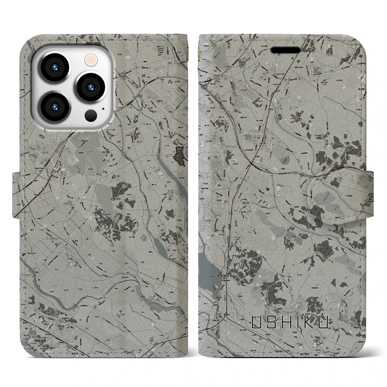 【牛久(茨城県)】地図柄iPhoneケース(手帳タイプ)モノトーン・iPhone 13 Pro 用