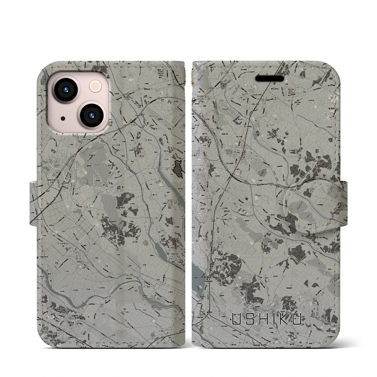 【牛久(茨城県)】地図柄iPhoneケース(手帳タイプ)モノトーン・iPhone 13 mini 用