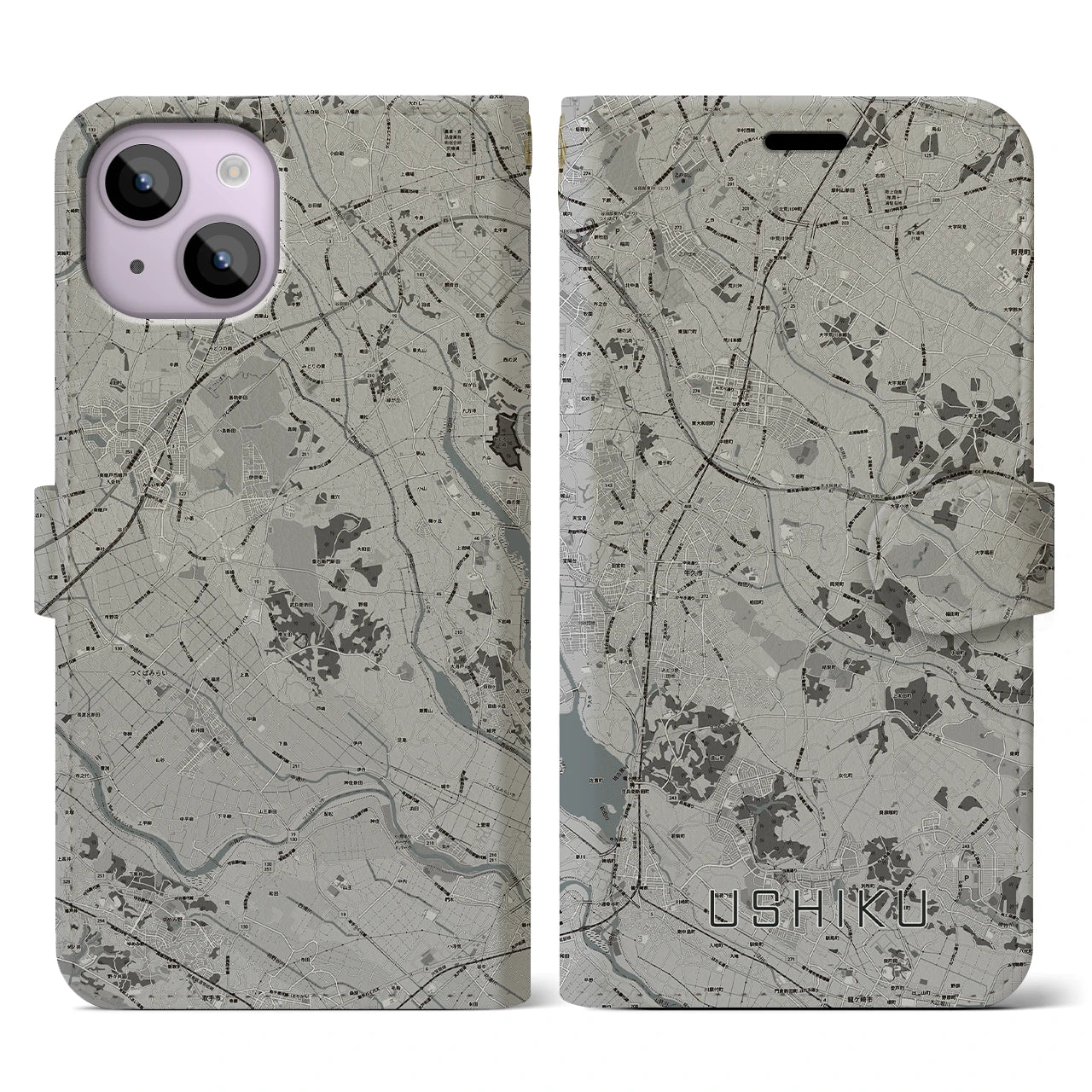 【牛久(茨城県)】地図柄iPhoneケース(手帳タイプ)モノトーン・iPhone 14 用