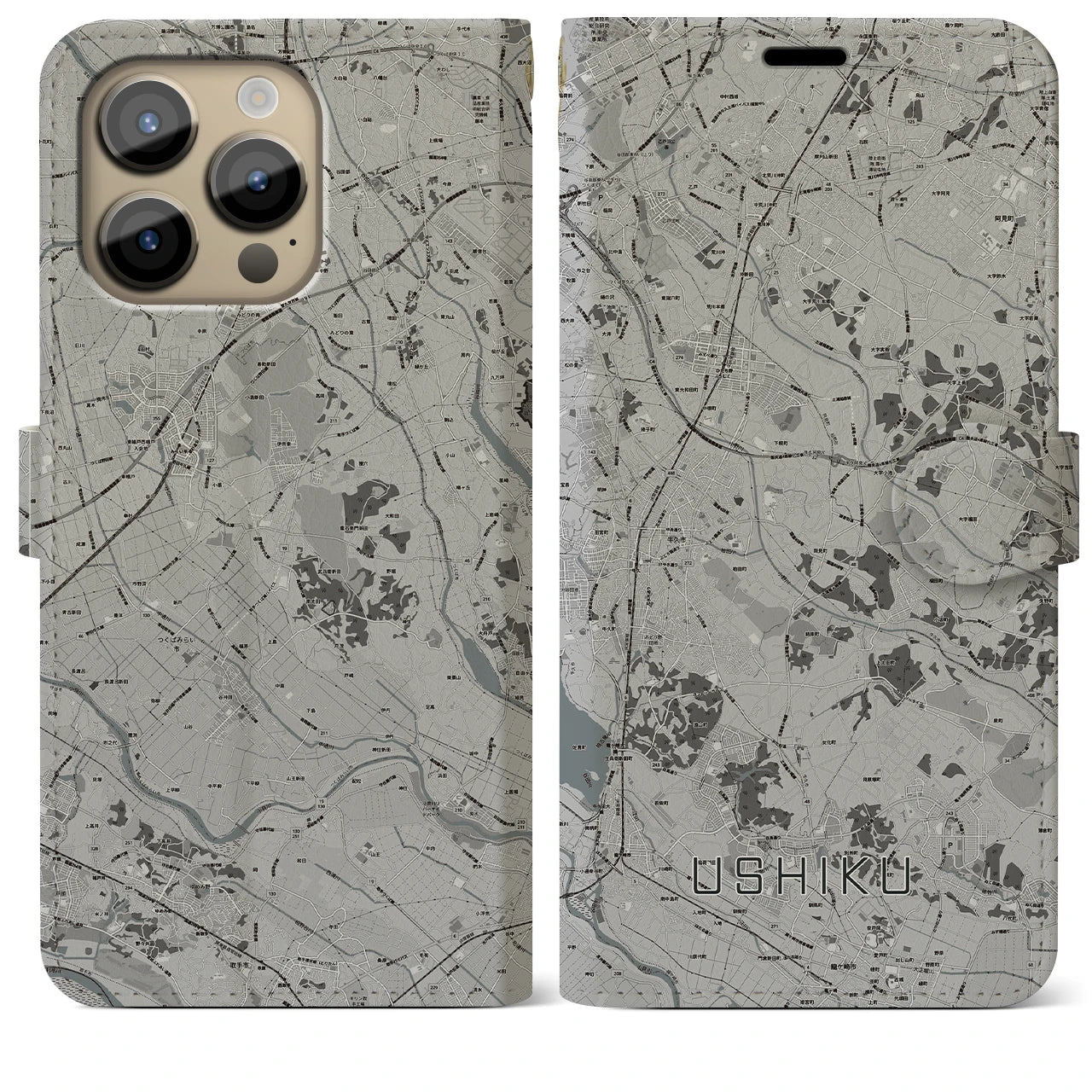 【牛久(茨城県)】地図柄iPhoneケース(手帳タイプ)モノトーン・iPhone 14 Pro Max 用