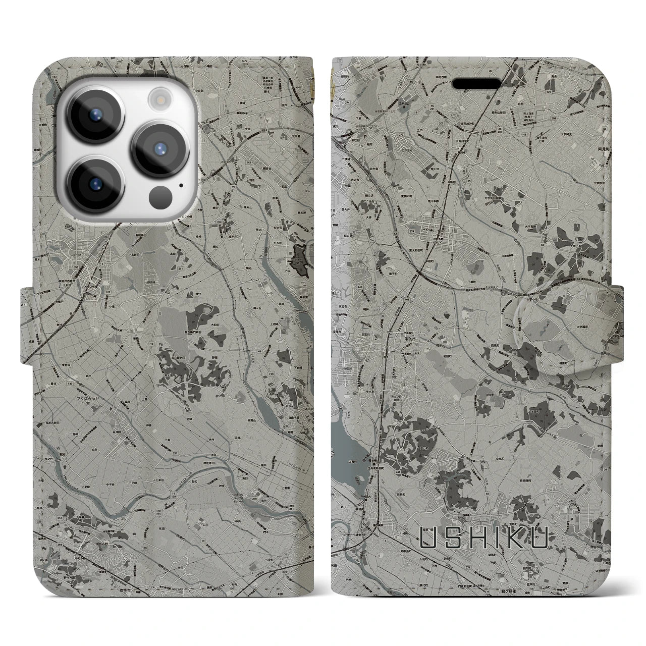 【牛久(茨城県)】地図柄iPhoneケース(手帳タイプ)モノトーン・iPhone 14 Pro 用