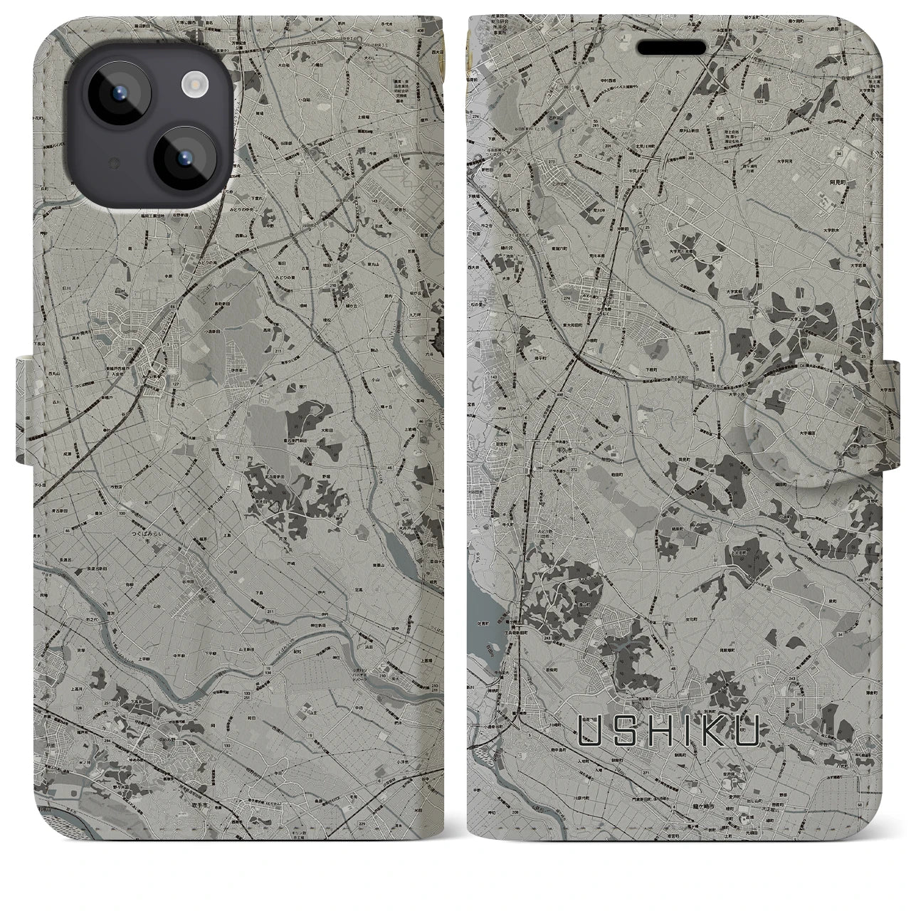【牛久(茨城県)】地図柄iPhoneケース(手帳タイプ)モノトーン・iPhone 14 Plus 用