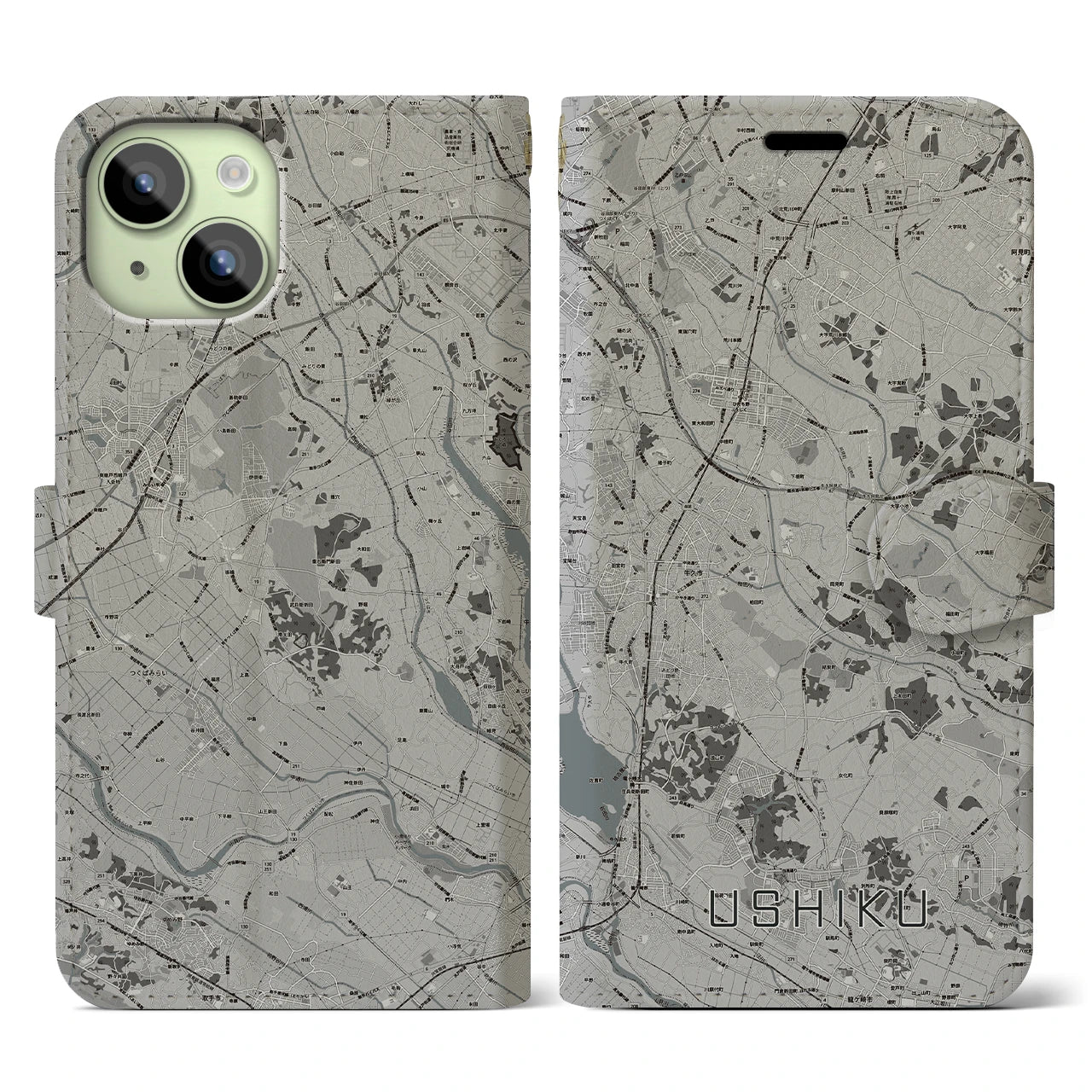 【牛久(茨城県)】地図柄iPhoneケース(手帳タイプ)モノトーン・iPhone 15 用