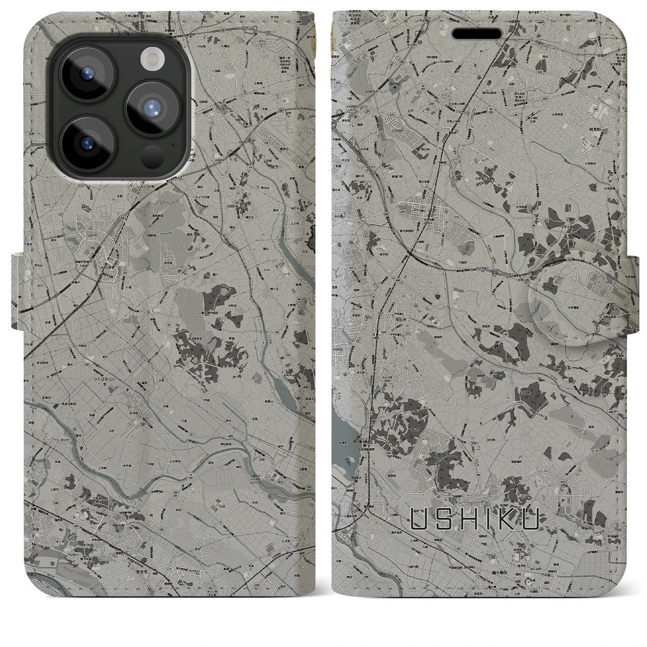 【牛久(茨城県)】地図柄iPhoneケース(手帳タイプ)モノトーン・iPhone 15 Pro Max 用