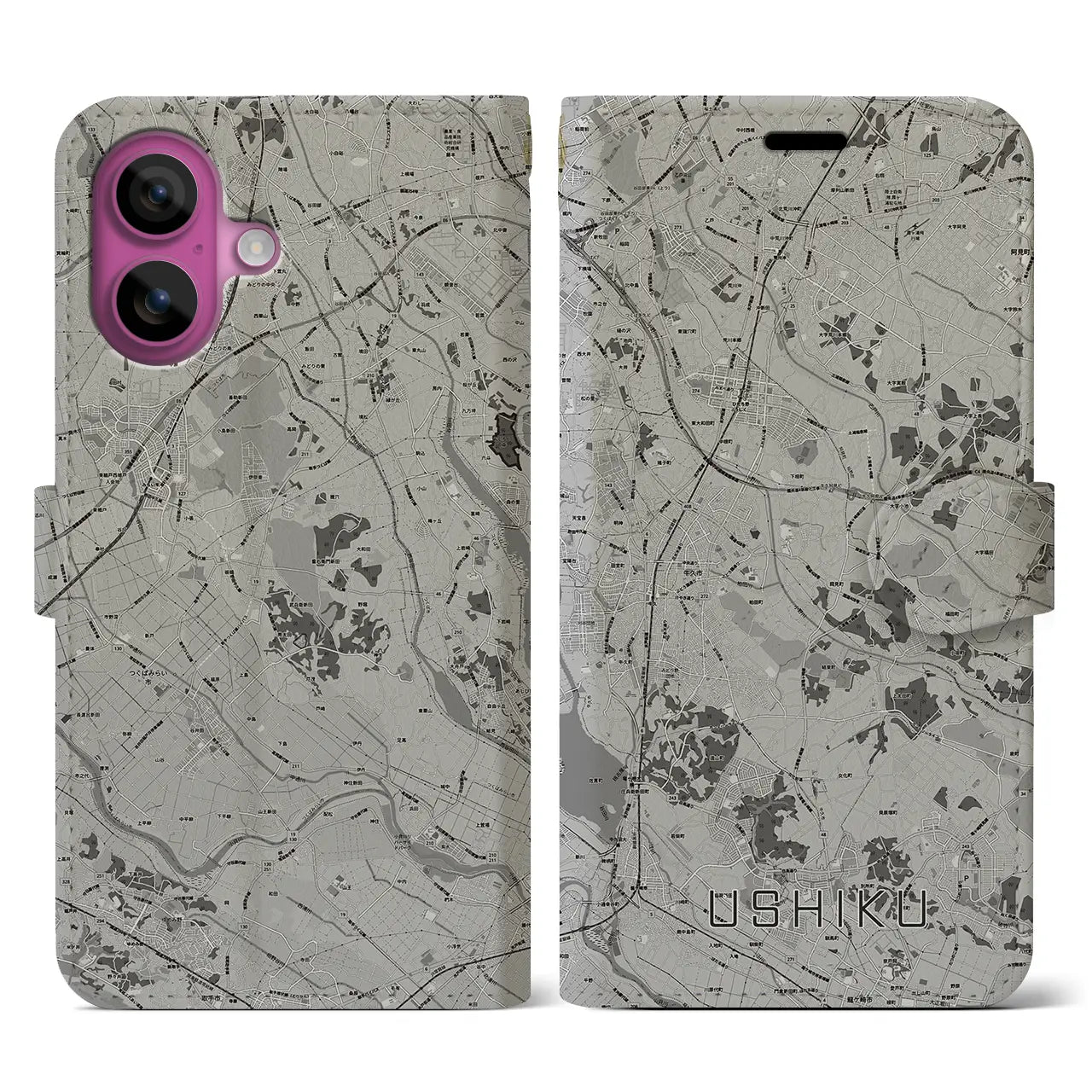 【牛久(茨城県)】地図柄iPhoneケース(手帳タイプ)モノトーン・iPhone 16 Pro 用