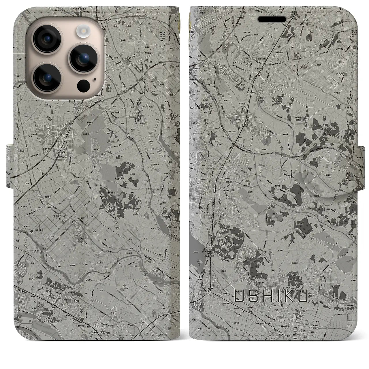 【牛久(茨城県)】地図柄iPhoneケース(手帳タイプ)モノトーン・iPhone 16 Plus 用