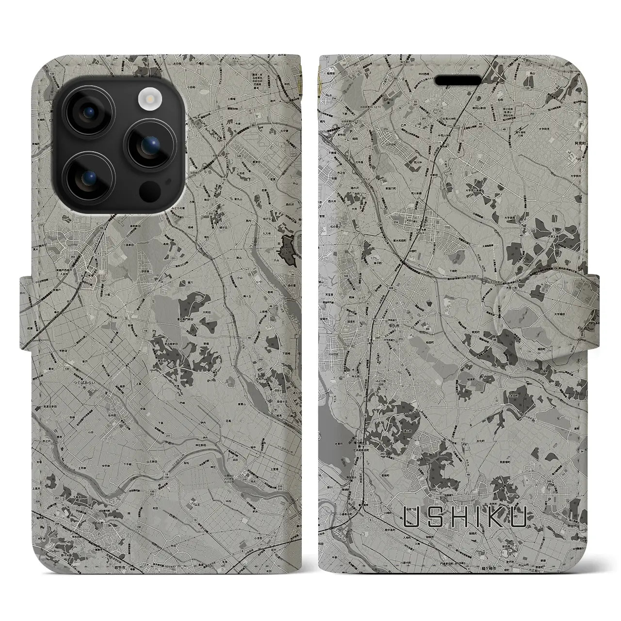 【牛久(茨城県)】地図柄iPhoneケース(手帳タイプ)モノトーン・iPhone 16 用