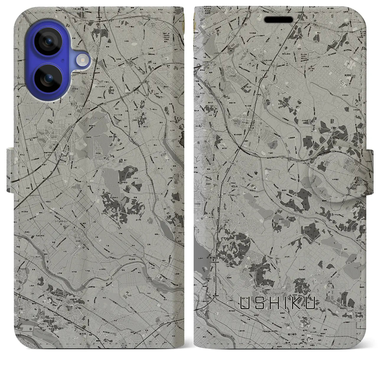 【牛久(茨城県)】地図柄iPhoneケース(手帳タイプ)モノトーン・iPhone 16 Pro Max 用