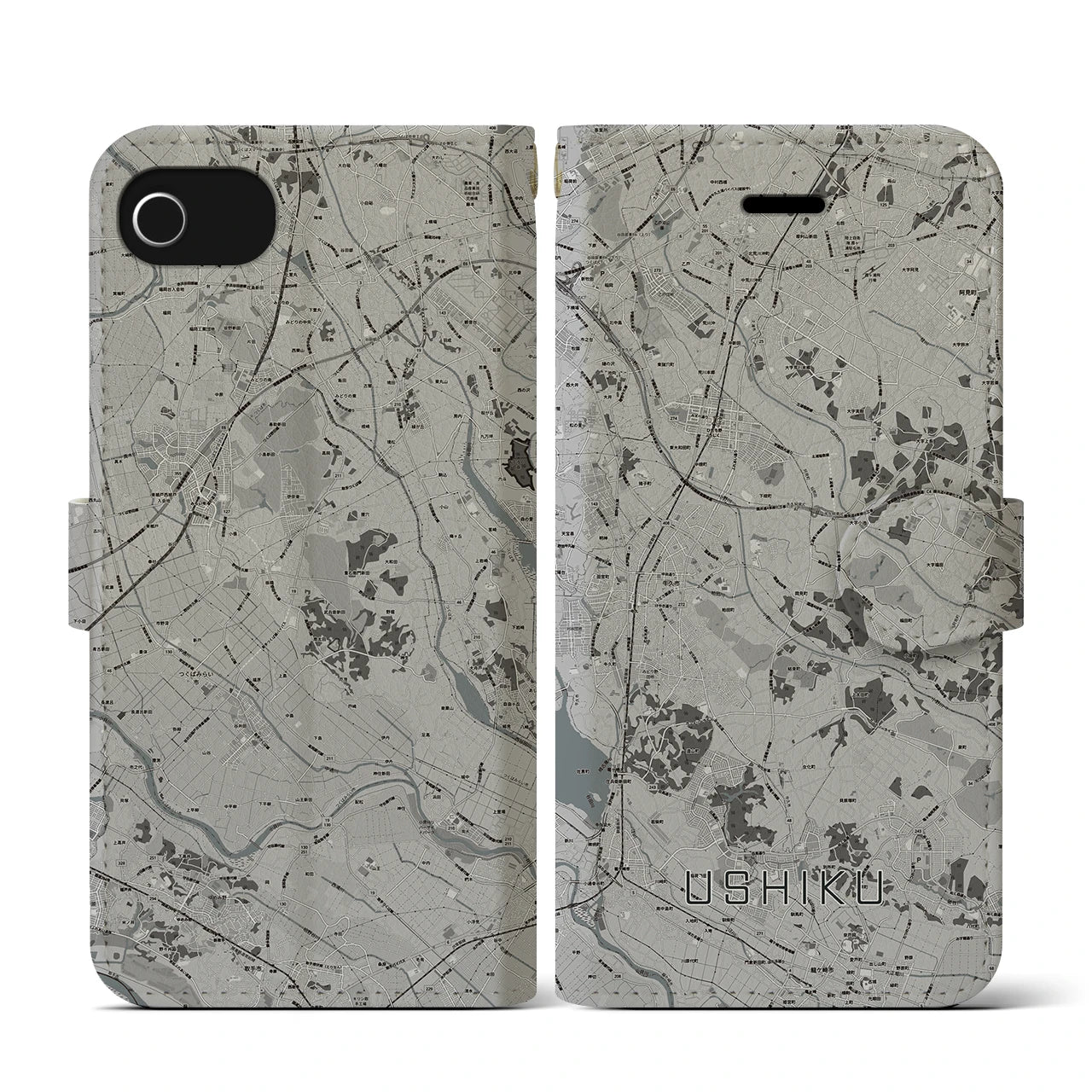 【牛久(茨城県)】地図柄iPhoneケース(手帳タイプ)モノトーン・iPhone SE(第3 / 第2世代) / 8 / 7 / 6s / 6 用