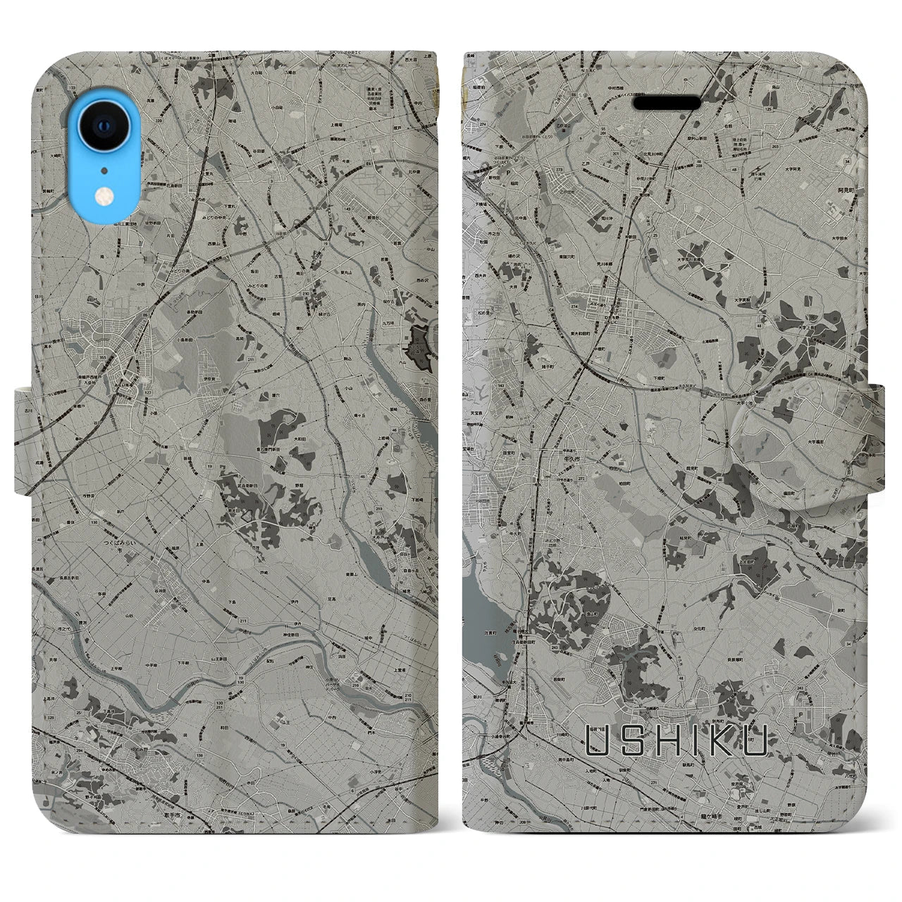 【牛久(茨城県)】地図柄iPhoneケース(手帳タイプ)モノトーン・iPhone XR 用