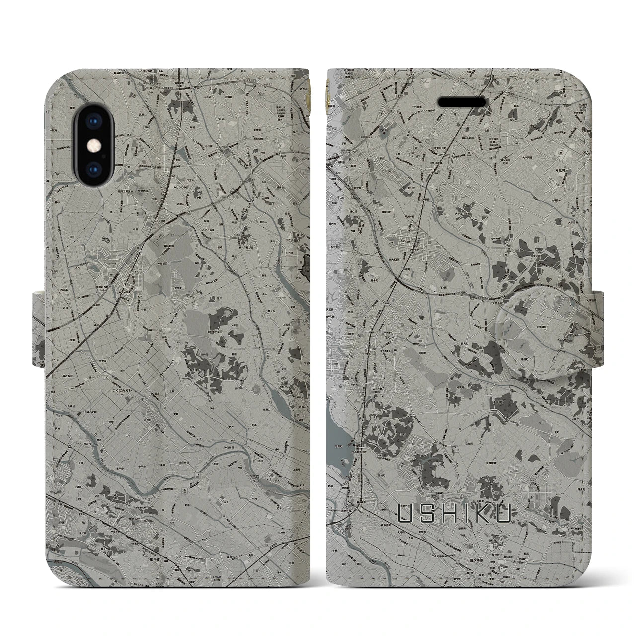 【牛久(茨城県)】地図柄iPhoneケース(手帳タイプ)モノトーン・iPhone XS / X 用