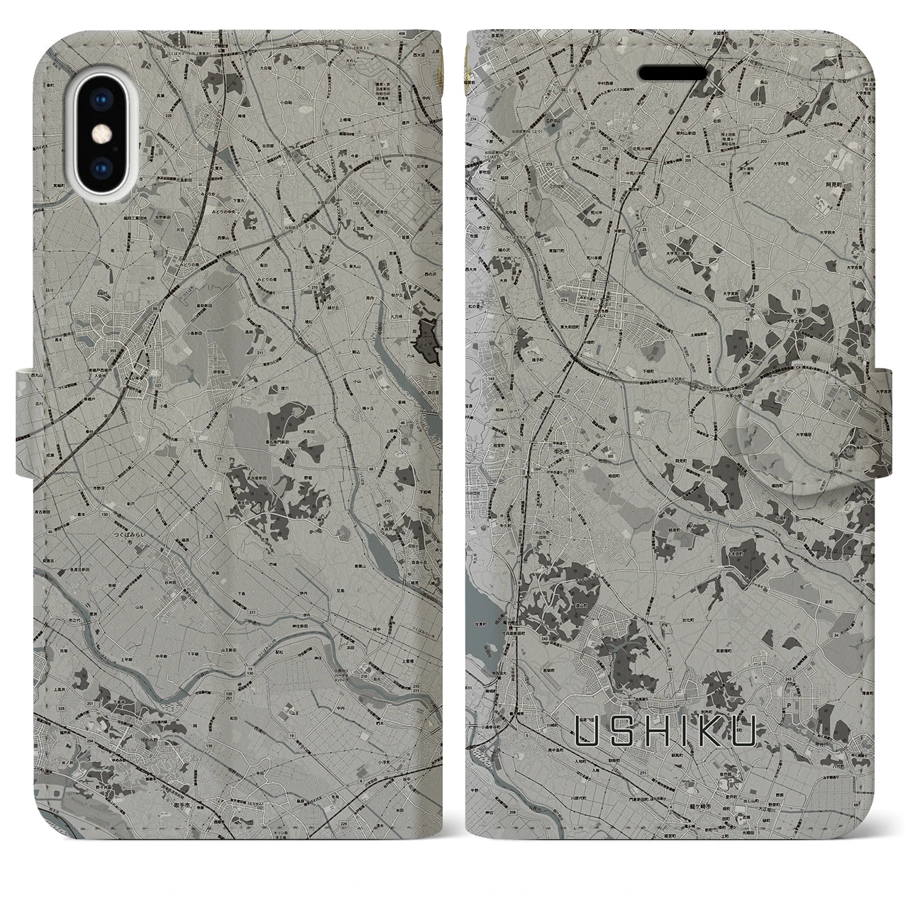 【牛久(茨城県)】地図柄iPhoneケース(手帳タイプ)モノトーン・iPhone XS Max 用