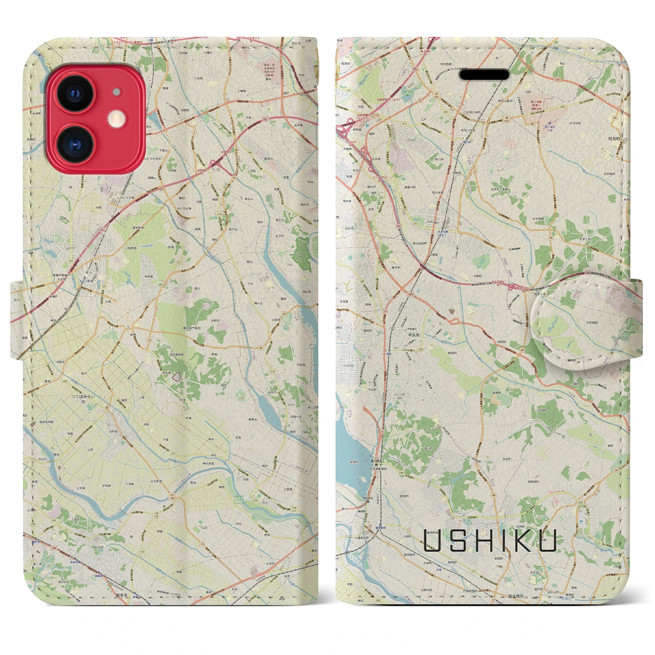 【牛久(茨城県)】地図柄iPhoneケース(手帳タイプ)ナチュラル・iPhone 11 用