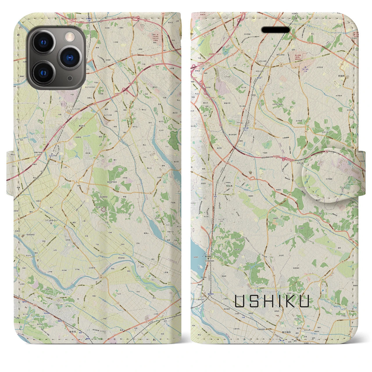 【牛久(茨城県)】地図柄iPhoneケース(手帳タイプ)ナチュラル・iPhone 11 Pro Max 用