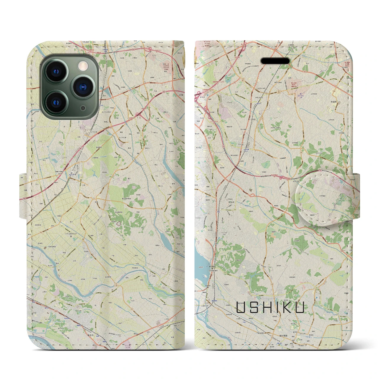 【牛久(茨城県)】地図柄iPhoneケース(手帳タイプ)ナチュラル・iPhone 11 Pro 用
