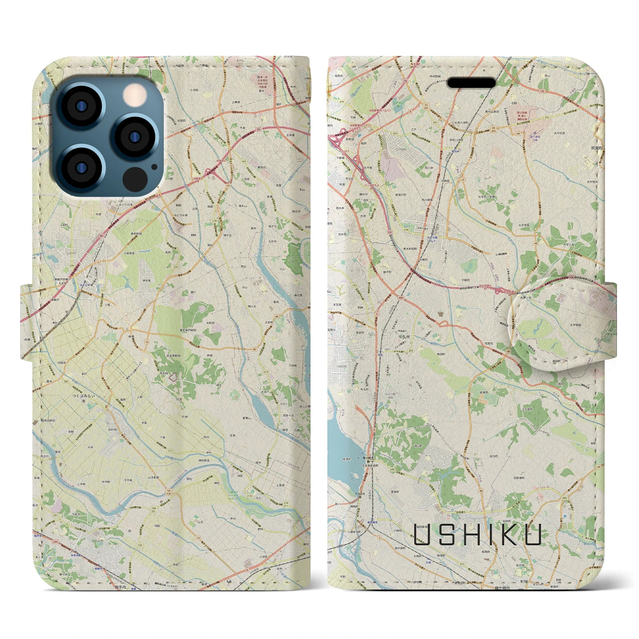 【牛久(茨城県)】地図柄iPhoneケース(手帳タイプ)ナチュラル・iPhone 12 / 12 Pro 用