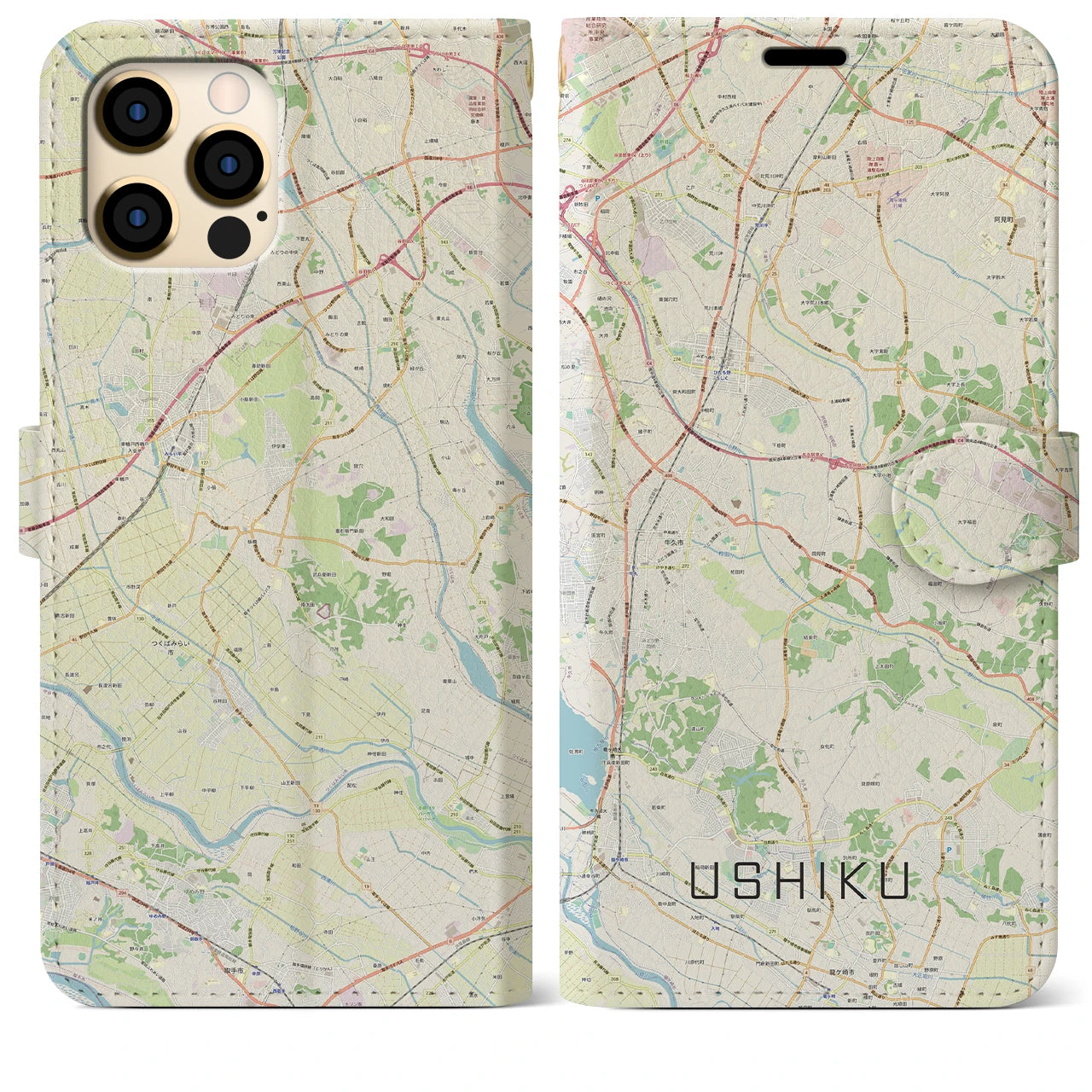 【牛久(茨城県)】地図柄iPhoneケース(手帳タイプ)ナチュラル・iPhone 12 Pro Max 用
