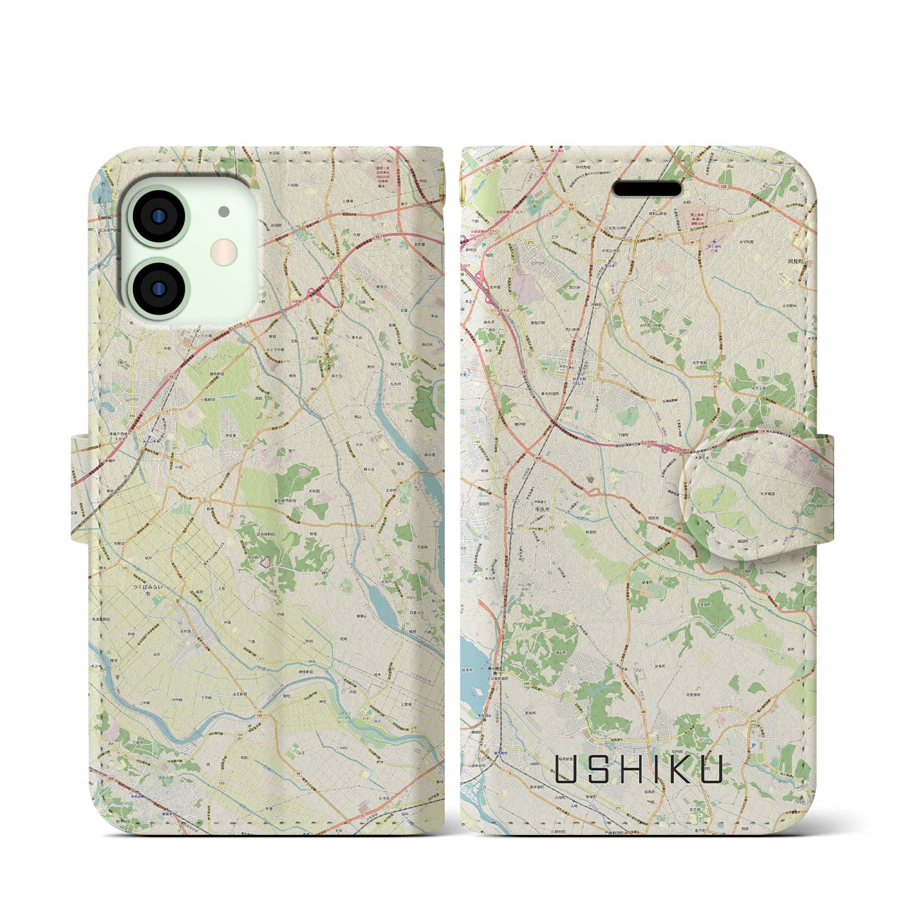 【牛久(茨城県)】地図柄iPhoneケース(手帳タイプ)ナチュラル・iPhone 12 mini 用