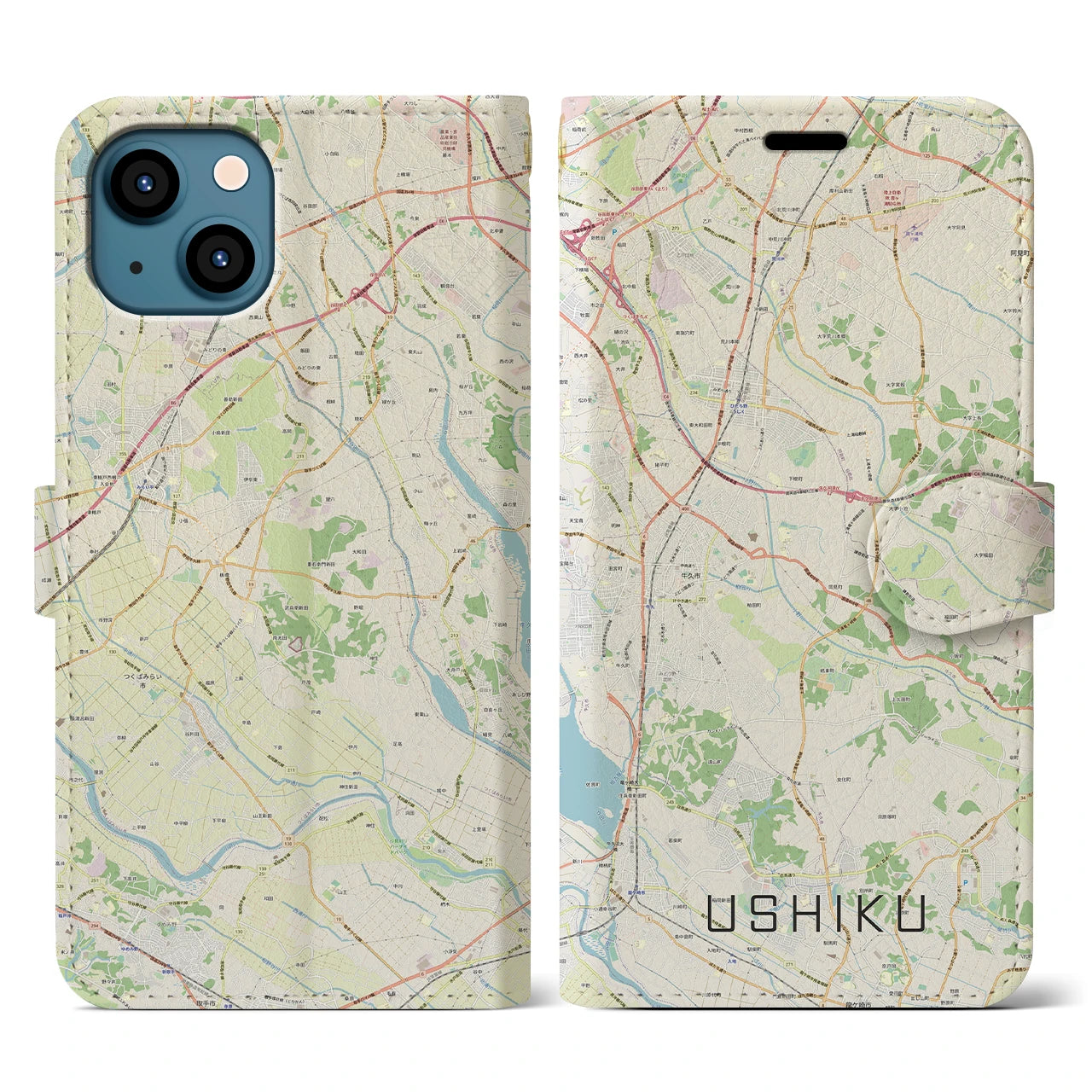 【牛久(茨城県)】地図柄iPhoneケース(手帳タイプ)ナチュラル・iPhone 13 用