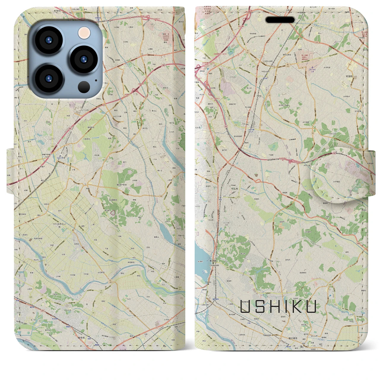 【牛久(茨城県)】地図柄iPhoneケース(手帳タイプ)ナチュラル・iPhone 13 Pro Max 用