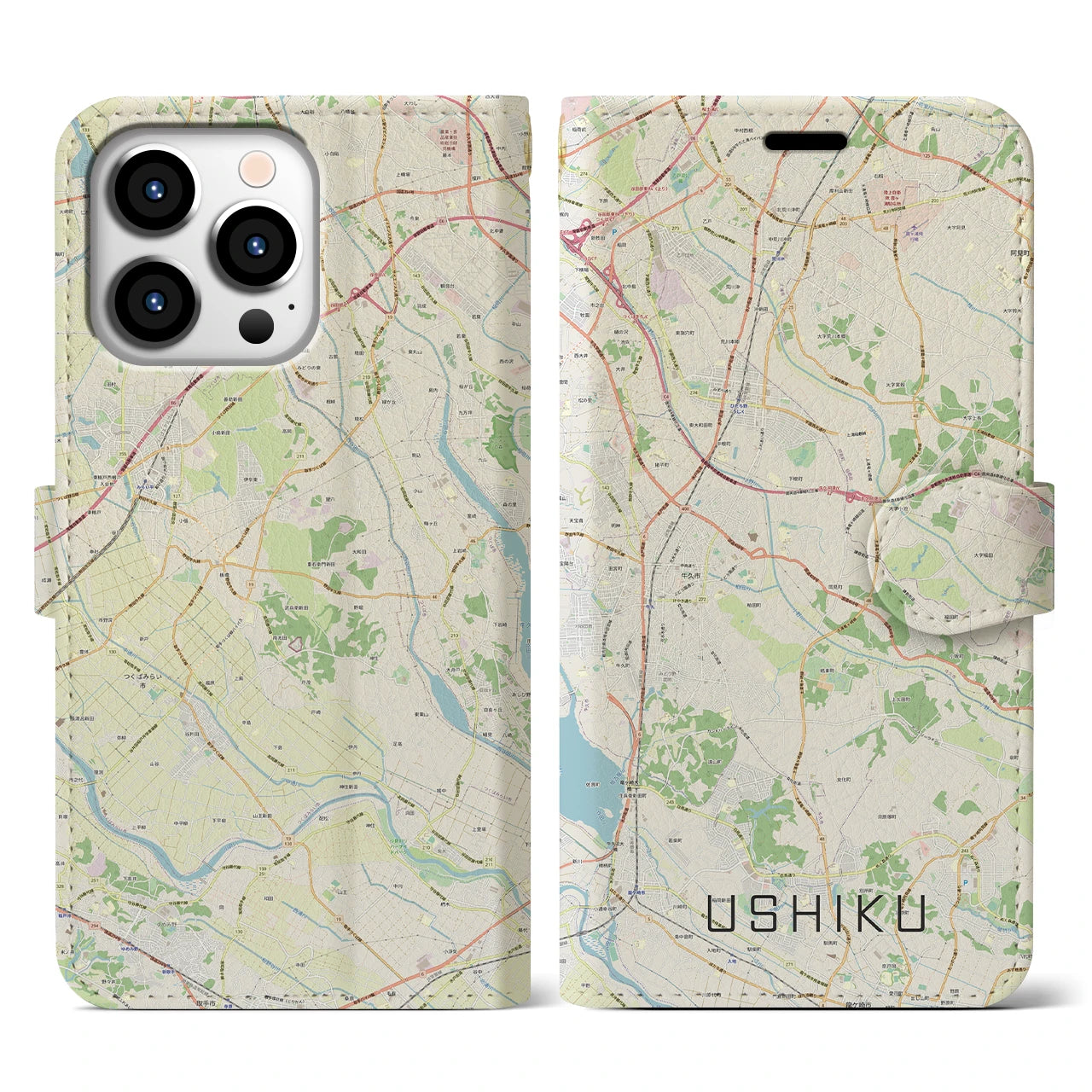 【牛久(茨城県)】地図柄iPhoneケース(手帳タイプ)ナチュラル・iPhone 13 Pro 用