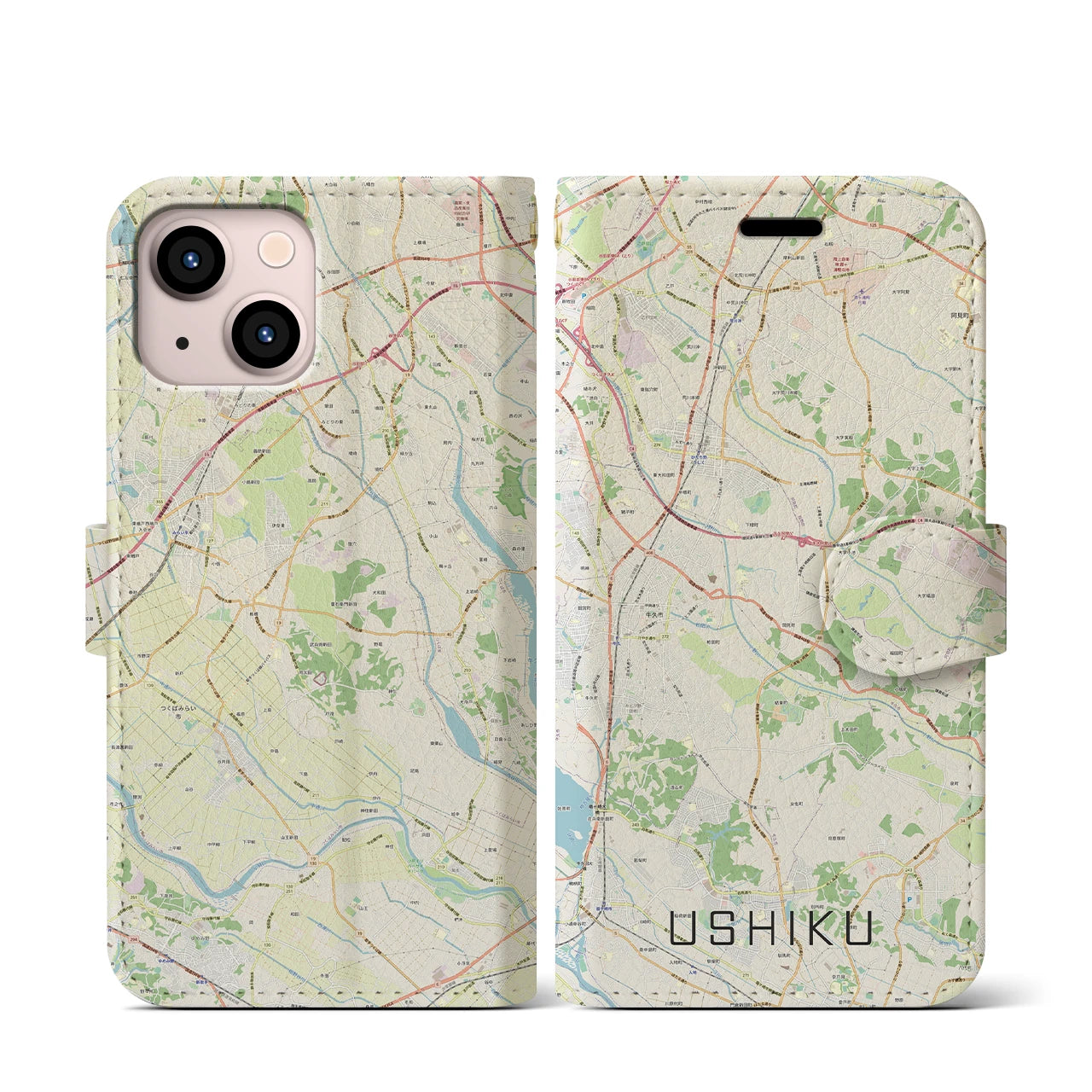【牛久(茨城県)】地図柄iPhoneケース(手帳タイプ)ナチュラル・iPhone 13 mini 用