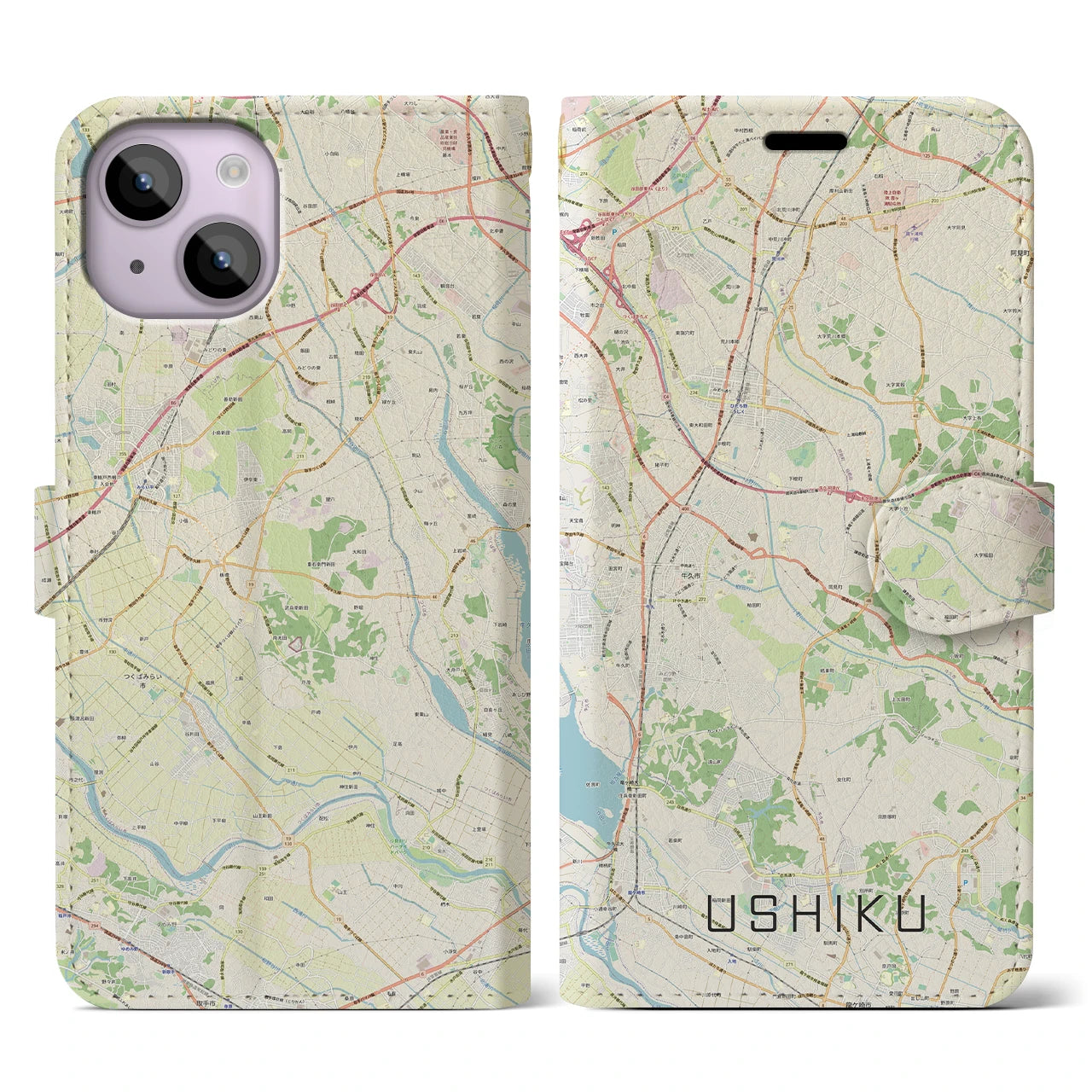 【牛久(茨城県)】地図柄iPhoneケース(手帳タイプ)ナチュラル・iPhone 14 用