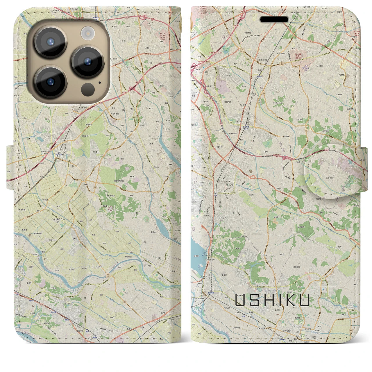 【牛久(茨城県)】地図柄iPhoneケース(手帳タイプ)ナチュラル・iPhone 14 Pro Max 用