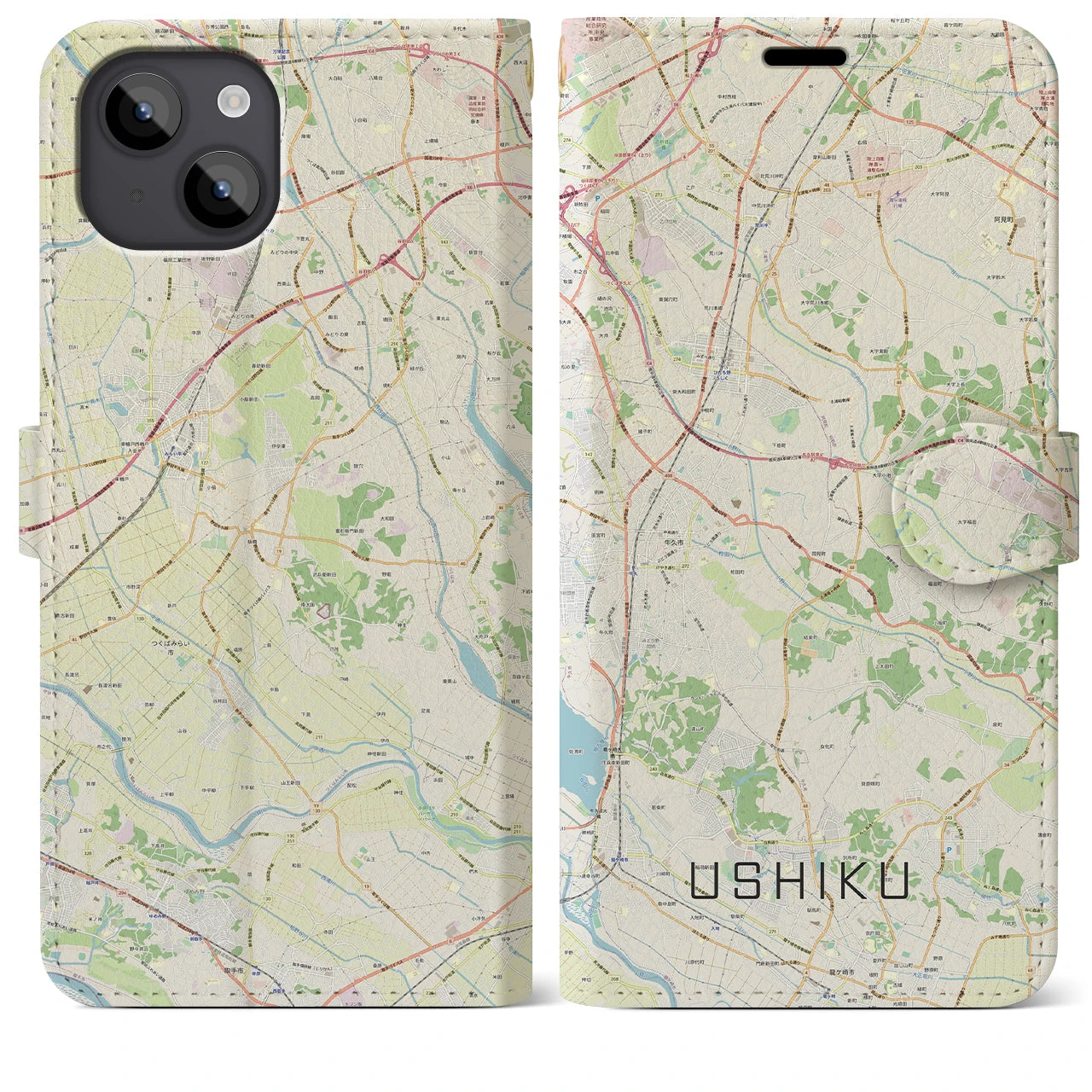 【牛久(茨城県)】地図柄iPhoneケース(手帳タイプ)ナチュラル・iPhone 14 Plus 用