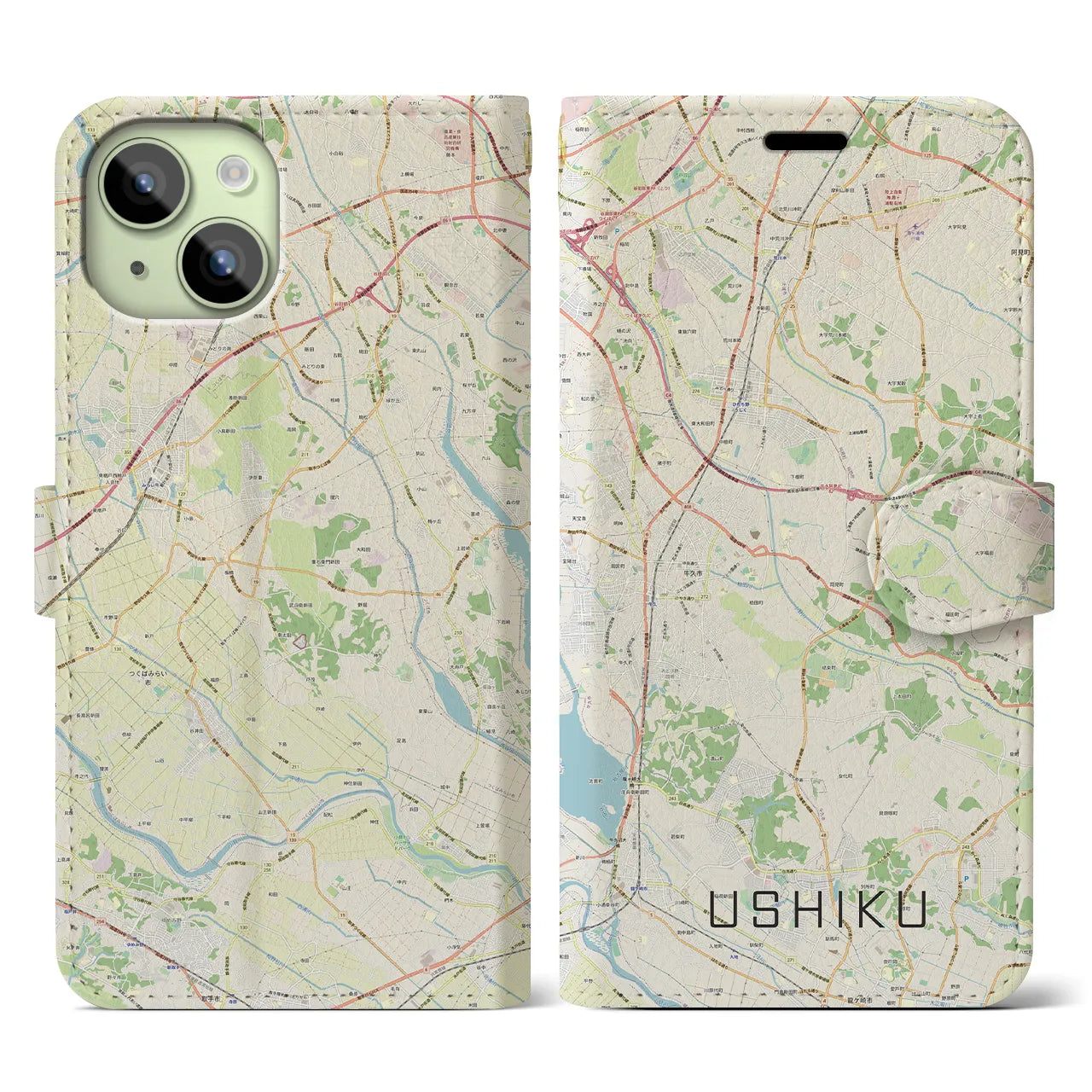 【牛久(茨城県)】地図柄iPhoneケース(手帳タイプ)ナチュラル・iPhone 15 用