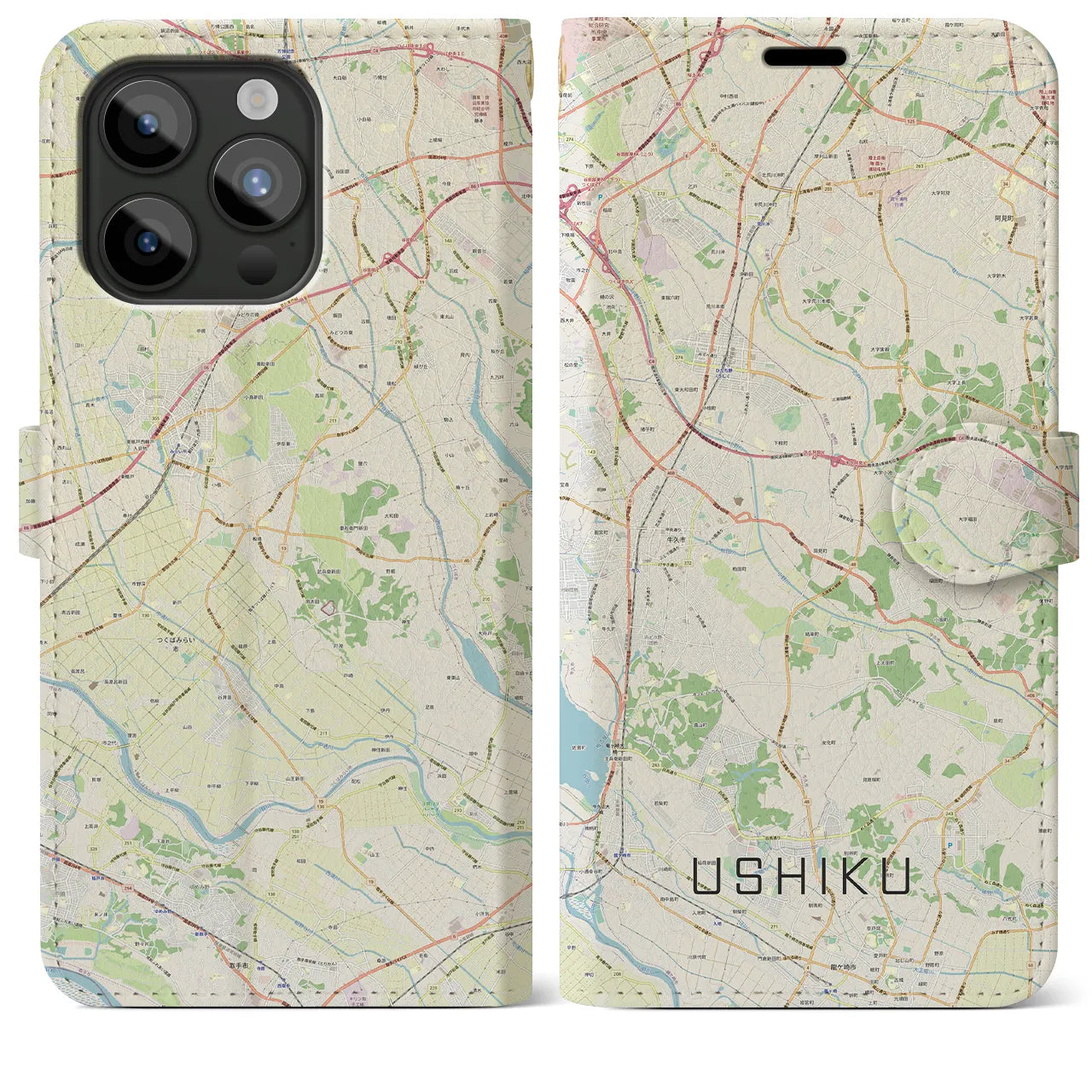 【牛久(茨城県)】地図柄iPhoneケース(手帳タイプ)ナチュラル・iPhone 15 Pro Max 用