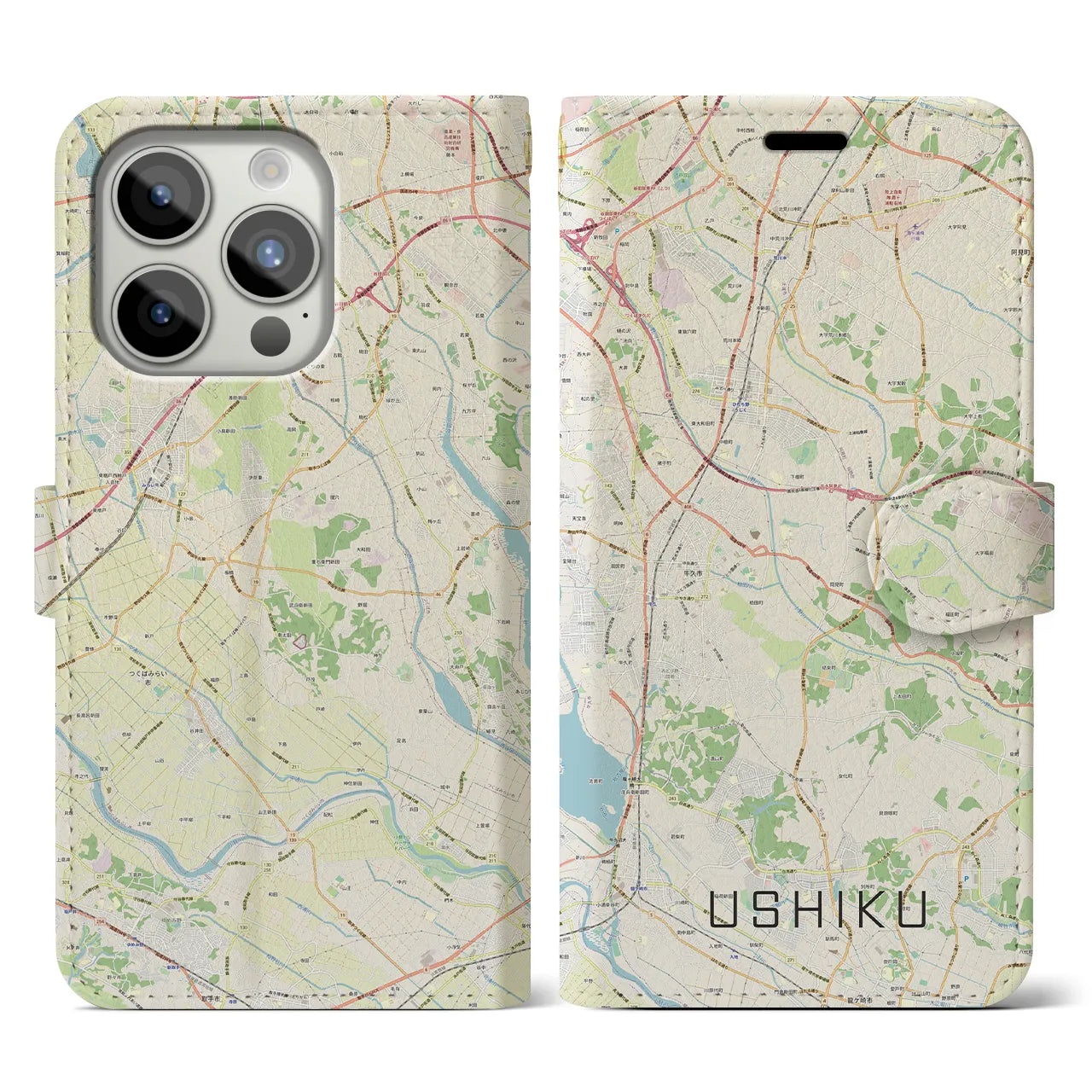 【牛久(茨城県)】地図柄iPhoneケース(手帳タイプ)ナチュラル・iPhone 15 Pro 用