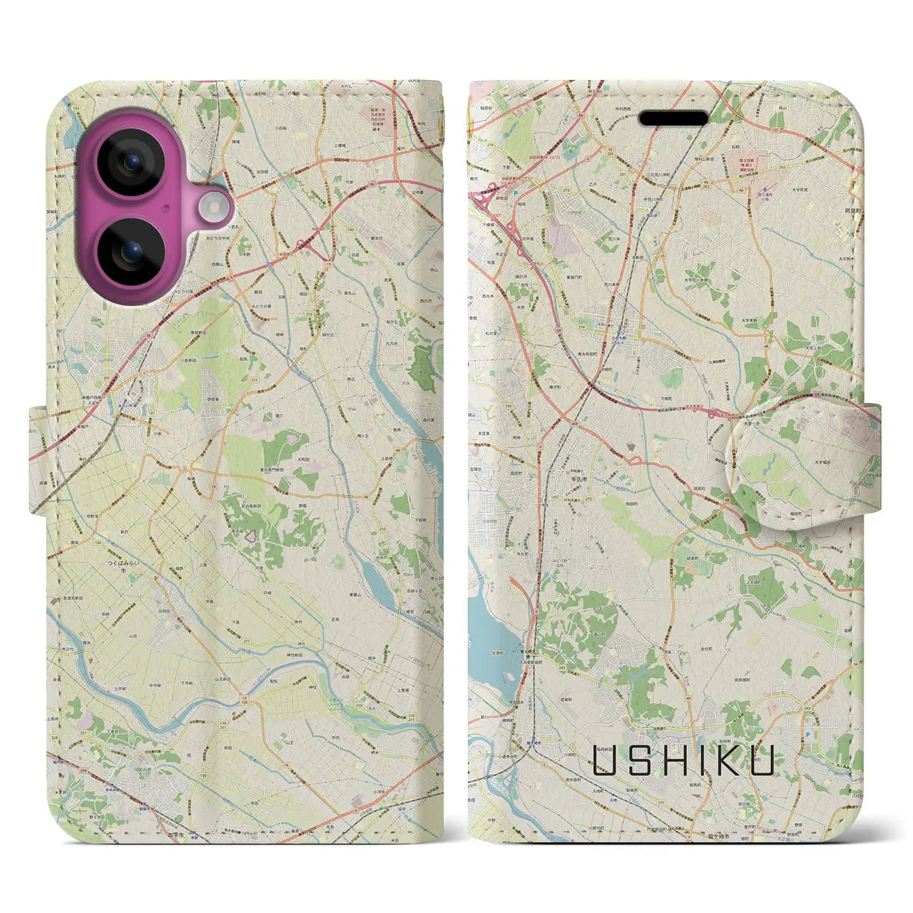 【牛久(茨城県)】地図柄iPhoneケース(手帳タイプ)ナチュラル・iPhone 16 Pro 用