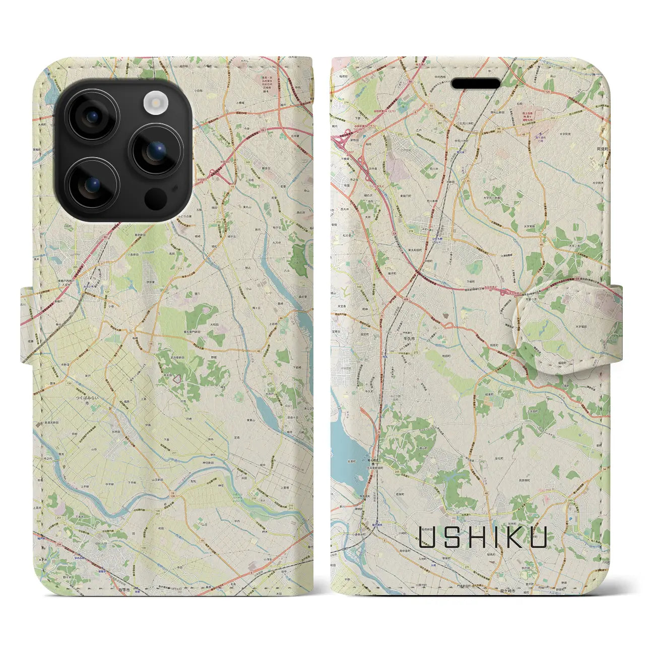 【牛久(茨城県)】地図柄iPhoneケース(手帳タイプ)ナチュラル・iPhone 16 用