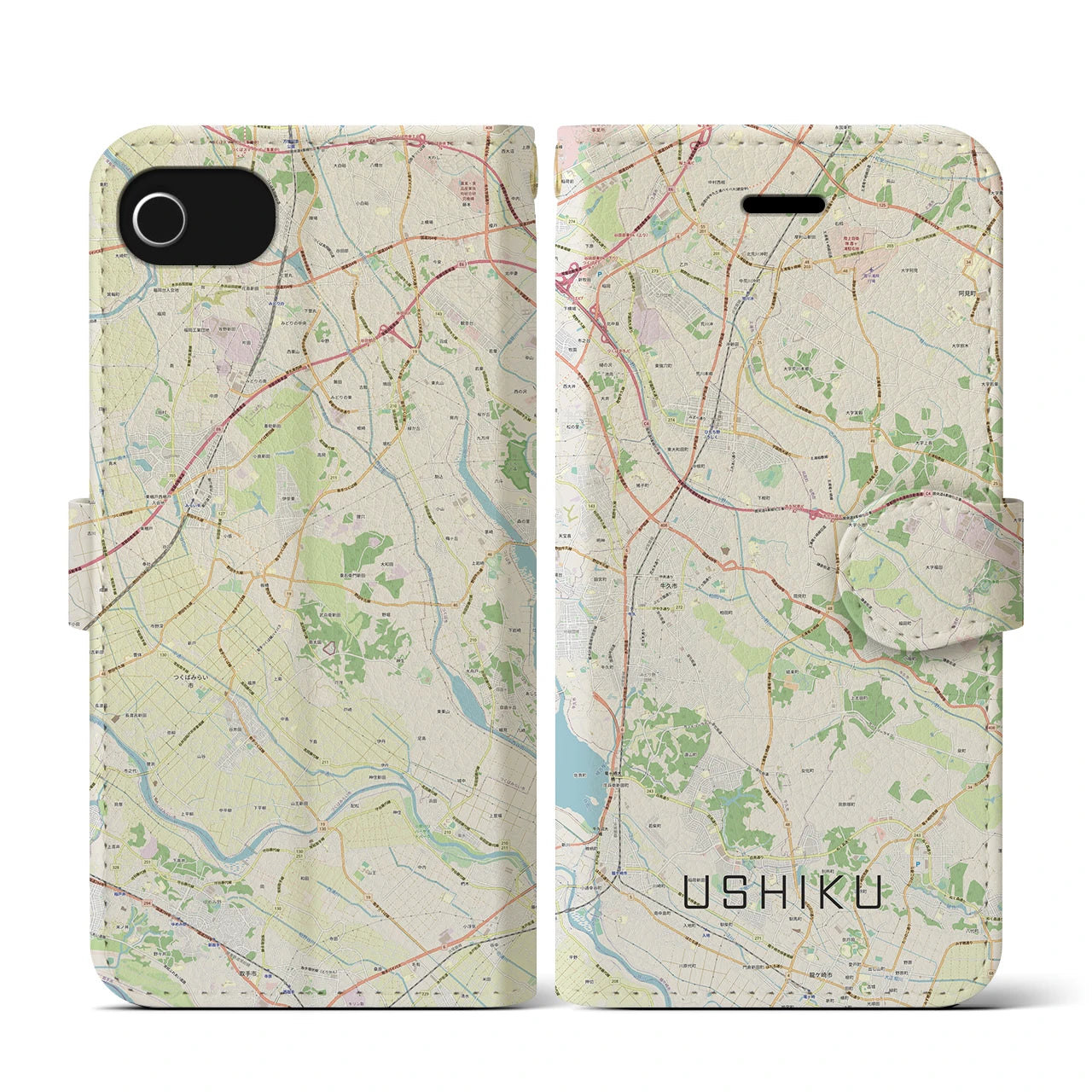 【牛久(茨城県)】地図柄iPhoneケース(手帳タイプ)ナチュラル・iPhone SE(第3 / 第2世代) / 8 / 7 / 6s / 6 用