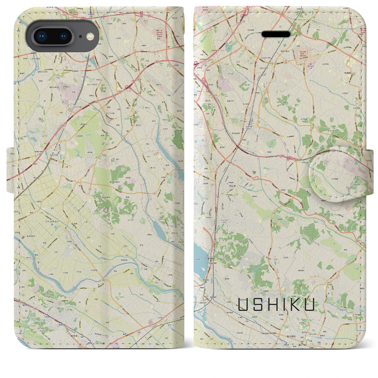 【牛久(茨城県)】地図柄iPhoneケース(手帳タイプ)ナチュラル・iPhone 8Plus /7Plus / 6sPlus / 6Plus 用