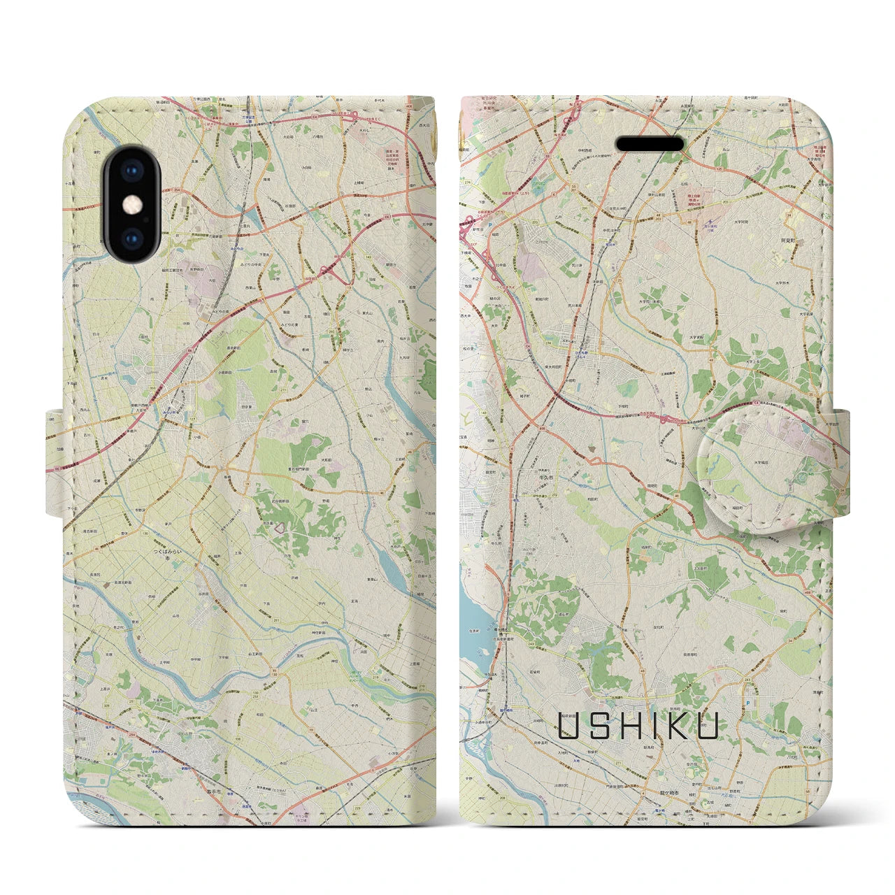 【牛久(茨城県)】地図柄iPhoneケース(手帳タイプ)ナチュラル・iPhone XS / X 用