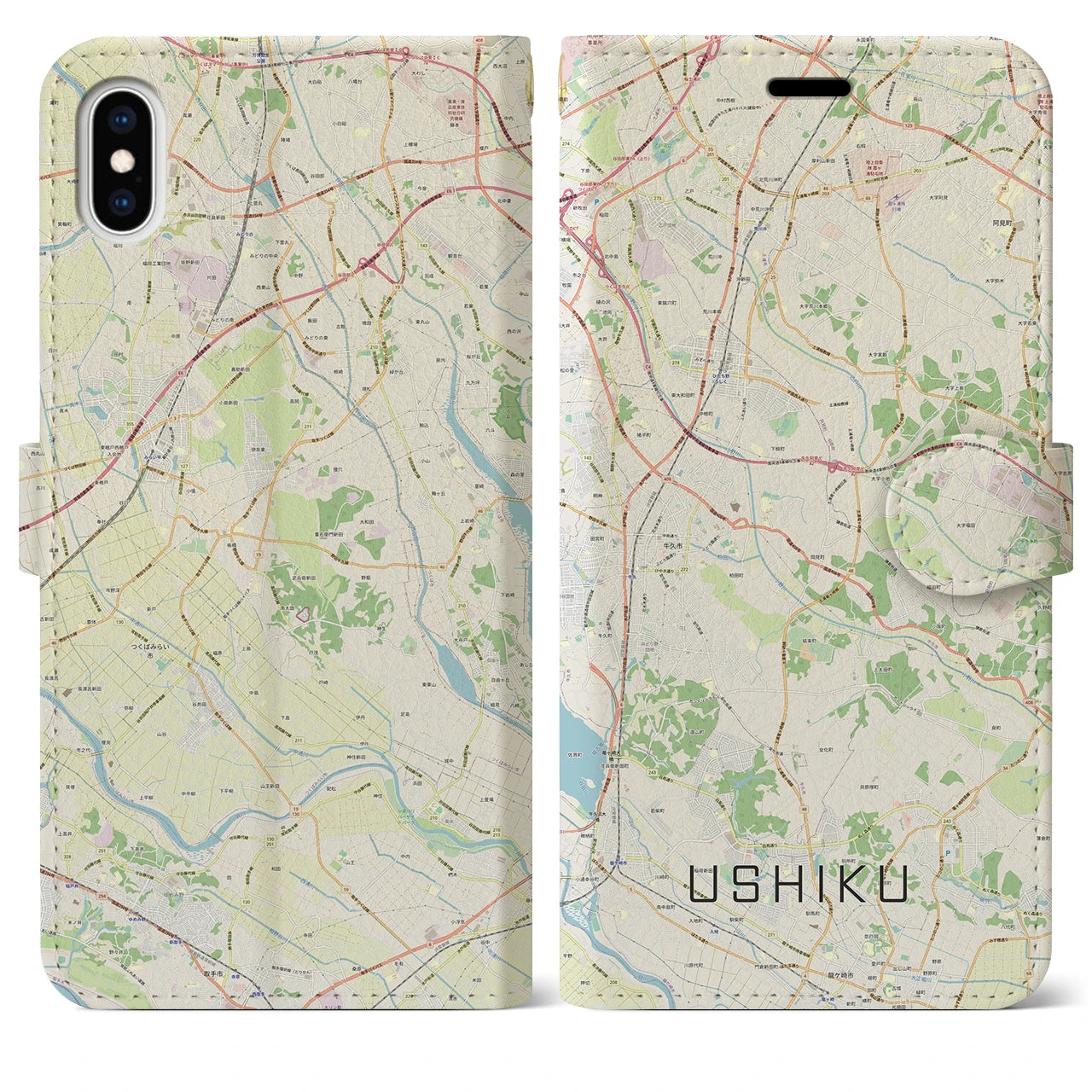【牛久(茨城県)】地図柄iPhoneケース(手帳タイプ)ナチュラル・iPhone XS Max 用