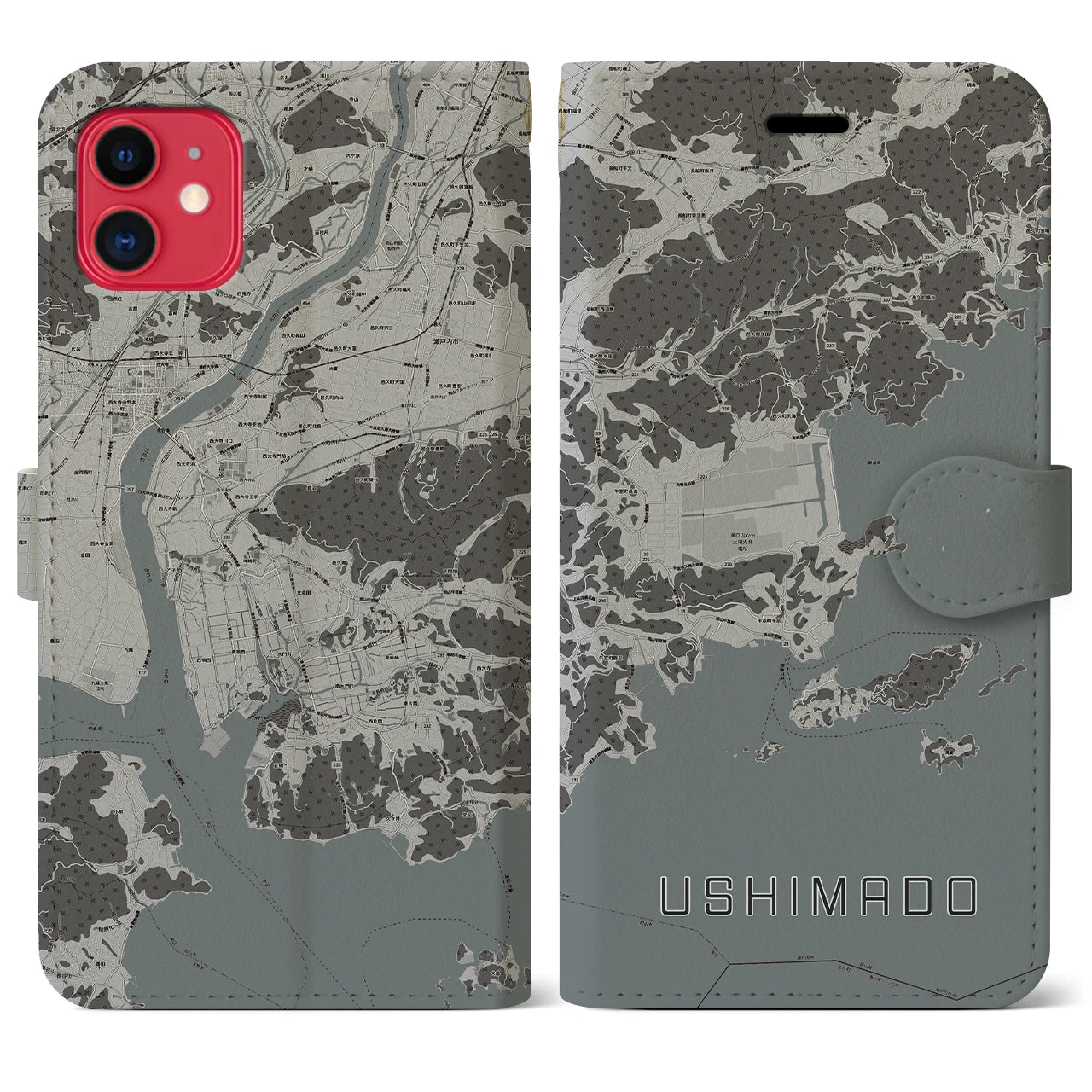 【牛窓(岡山県)】地図柄iPhoneケース(手帳タイプ)モノトーン・iPhone 11 用