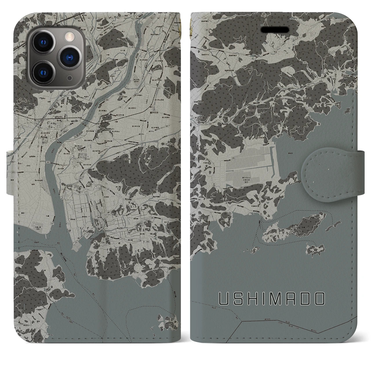 【牛窓(岡山県)】地図柄iPhoneケース(手帳タイプ)モノトーン・iPhone 11 Pro Max 用